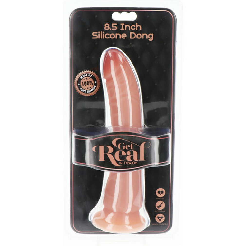 Verpacktes 8.5 Zoll Silikon-Sexspielzeug in Pfirsichfarbe auf schwarzem Karton.