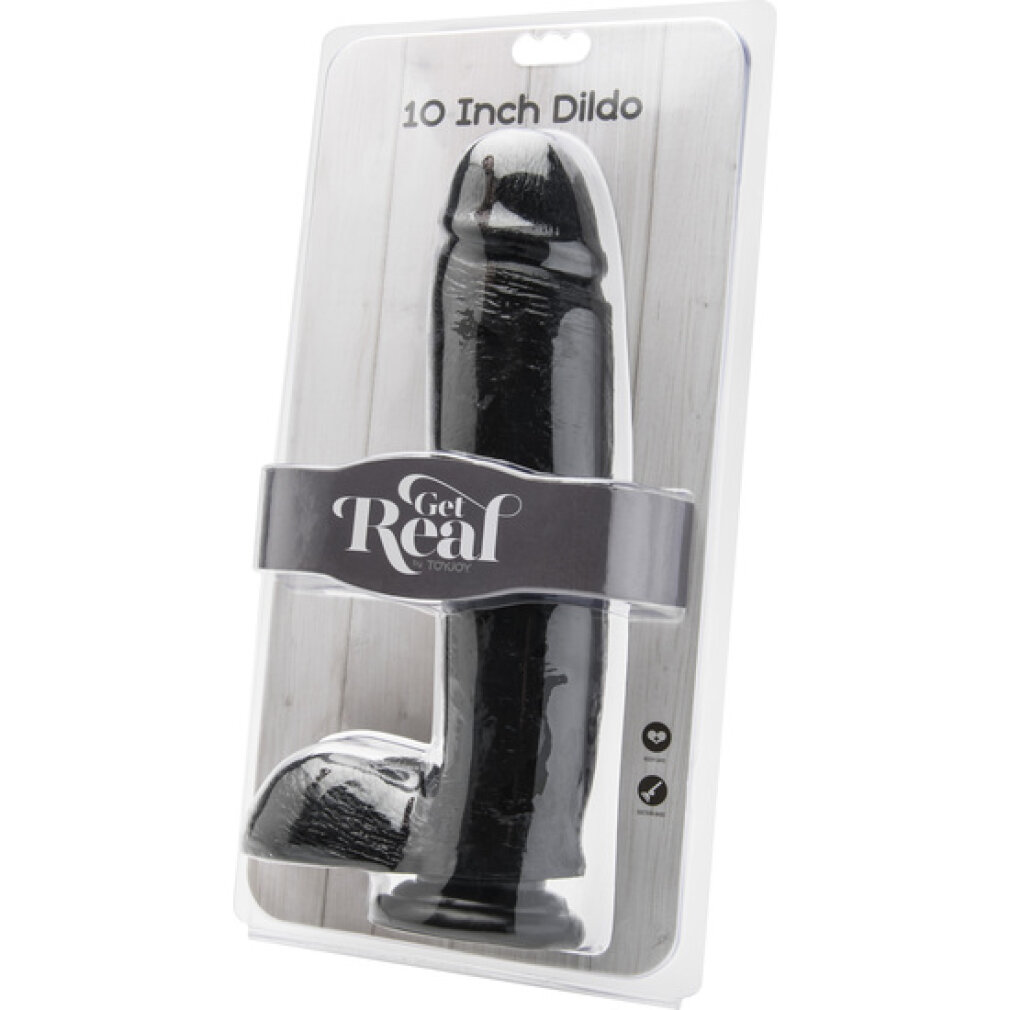 Verpackter schwarzer 10-Zoll-Dildo in Blisterpackung mit der Aufschrift Get Real.