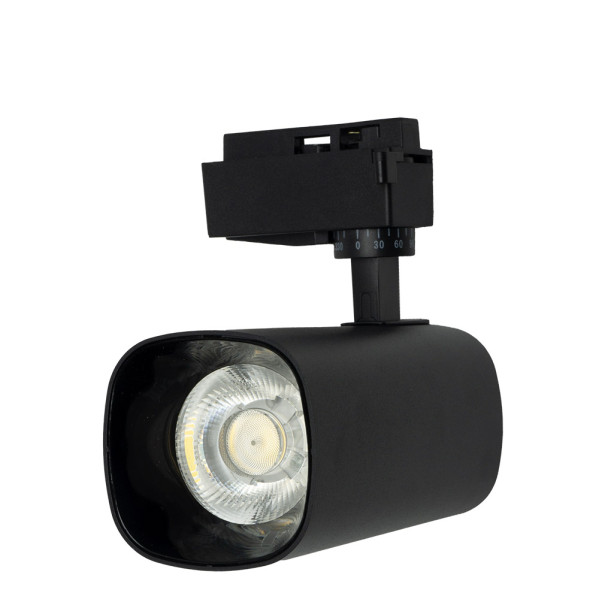 Foco LED negro para carril con adaptador ajustable sobre un fondo blanco.
