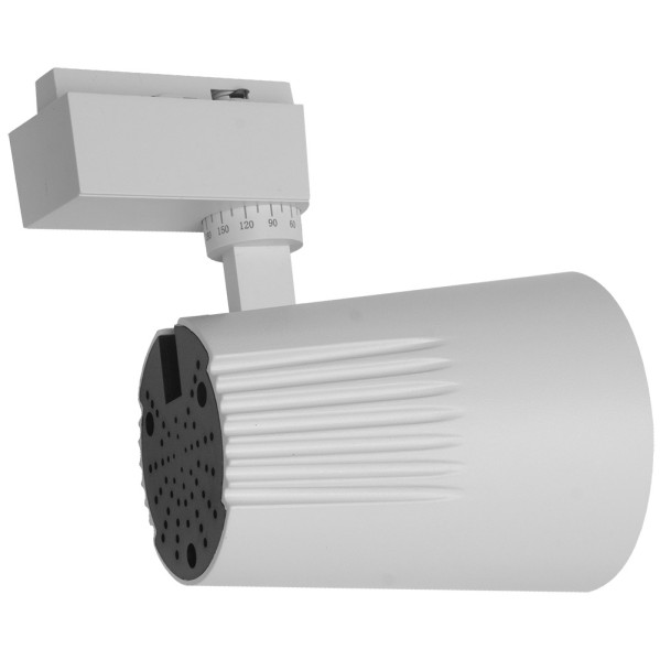 Un foco LED blanco con carcasa cilíndrica y soporte para riel integrado.