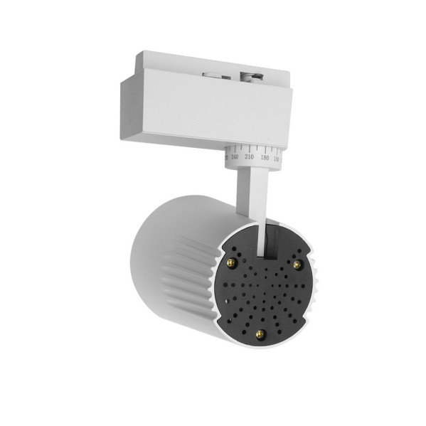 Foco LED blanco con cabezal cilíndrico y adaptador de carril sobre fondo blanco.
