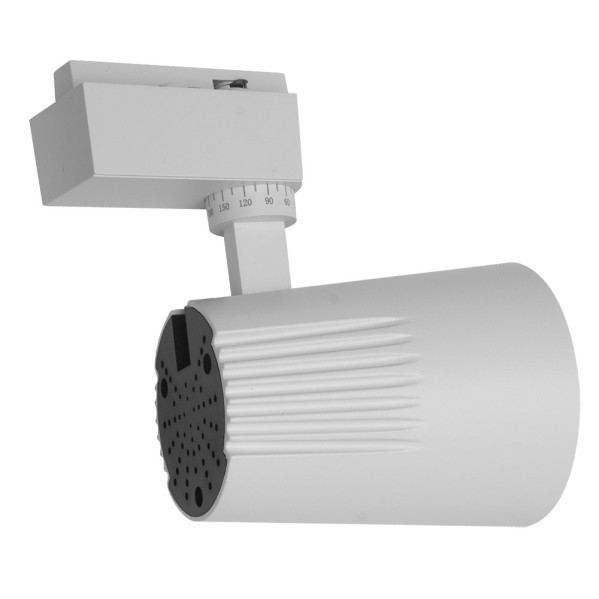 Un foco LED blanco con articulación ajustable y escala sobre fondo neutro.