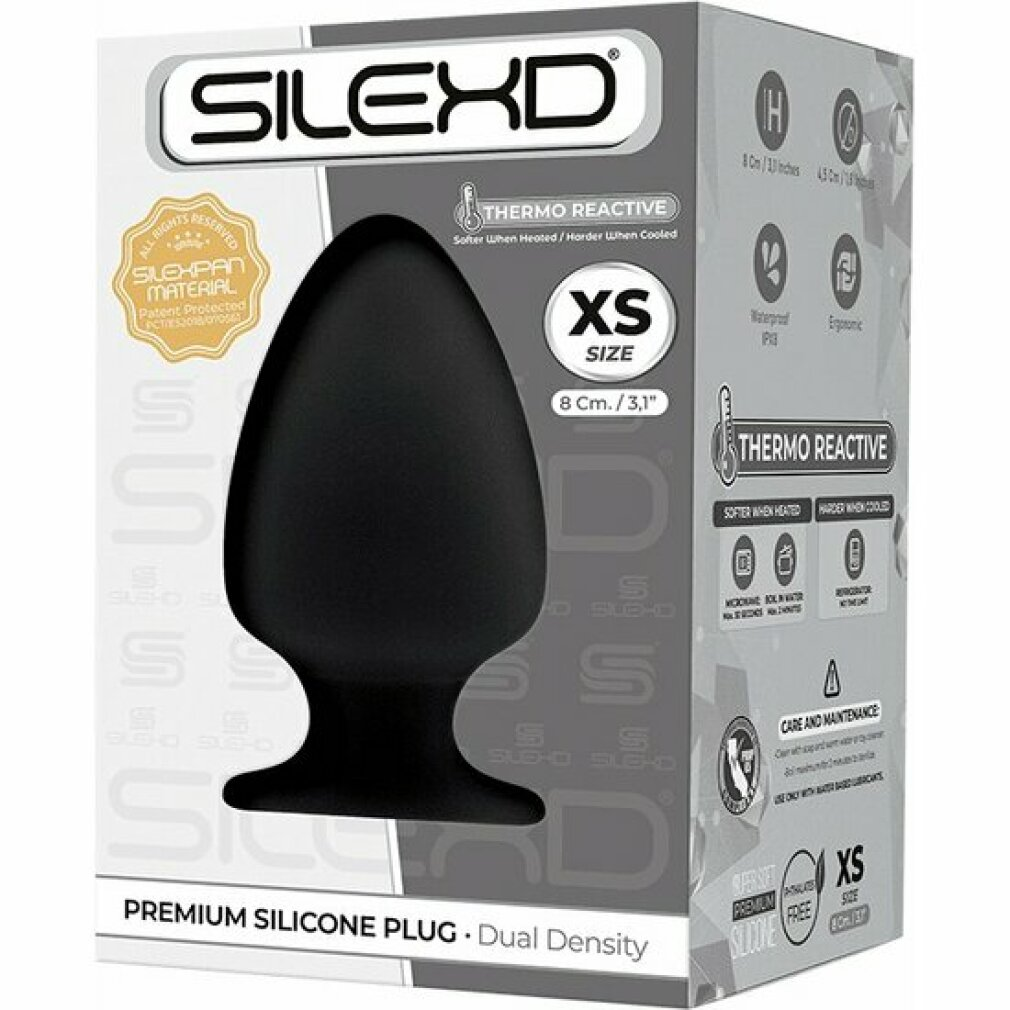 Produktverpackung für Silexd schwarzer Silikonstopfen, Gr. XS, mit thermoreaktiven Eigenschaften und Marke.