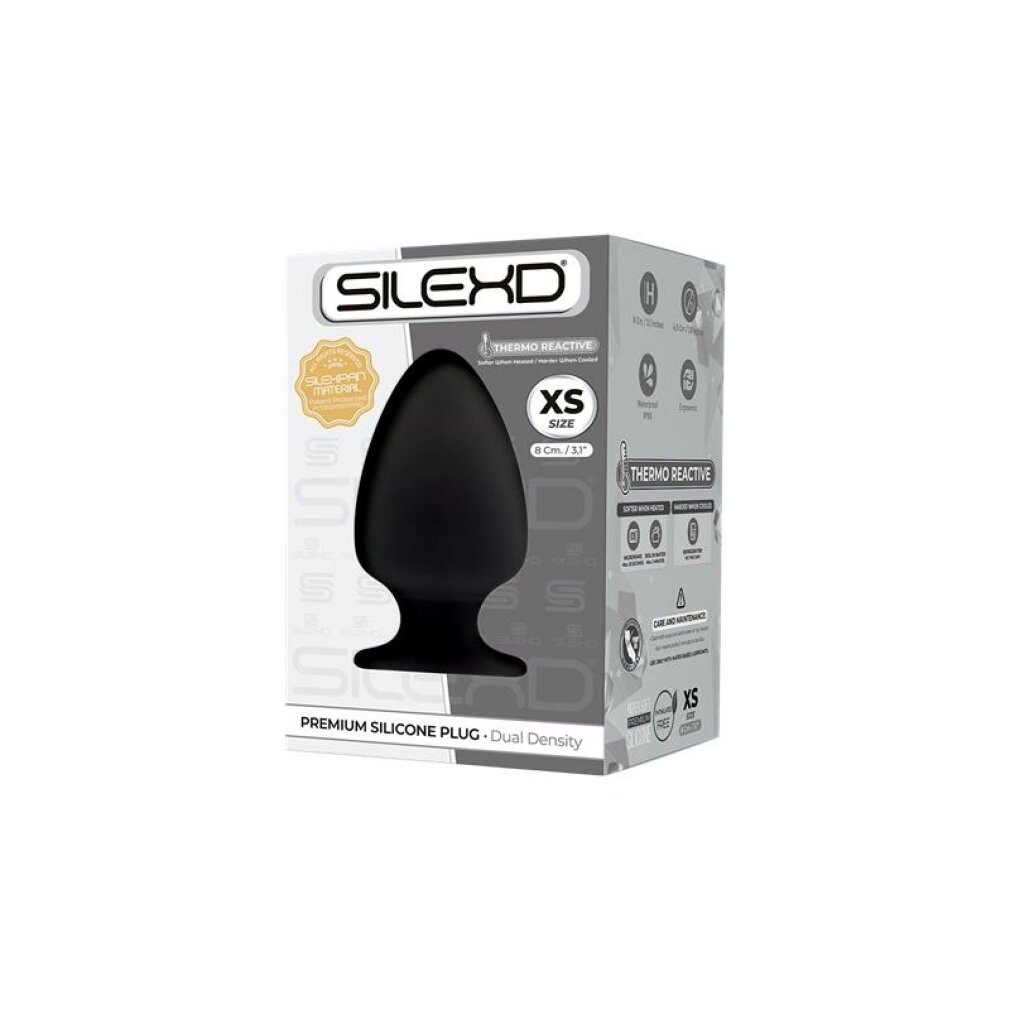 Eine Verpackung für einen schwarzen Silexd Premium Silikon Plug in XS-Größe mit Thermo-Reactive-Eigenschaften.