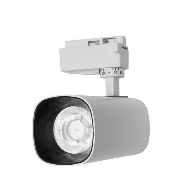 Foco de carril ajustable blanco con carcasa redonda y conector de carril, aislado sobre fondo blanco.