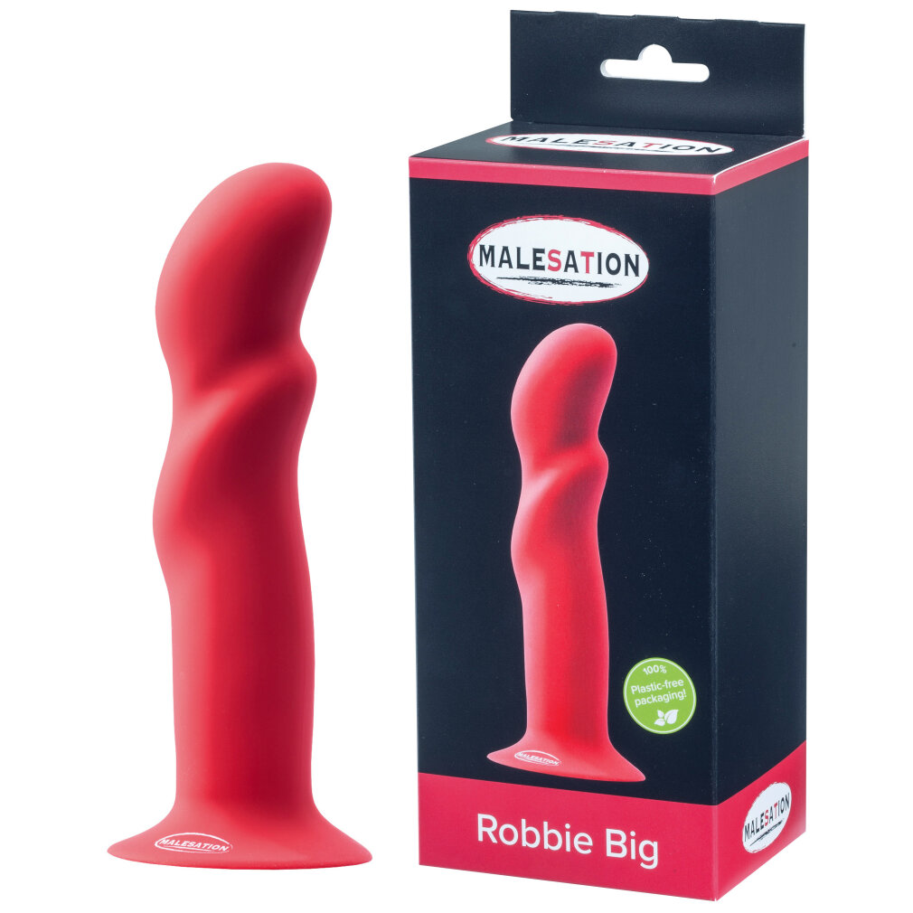 Ein rotes Silikon-Sexspielzeug mit Saugnapf steht neben seiner schwarz-roten Verpackung mit der Aufschrift Robbie Big.
