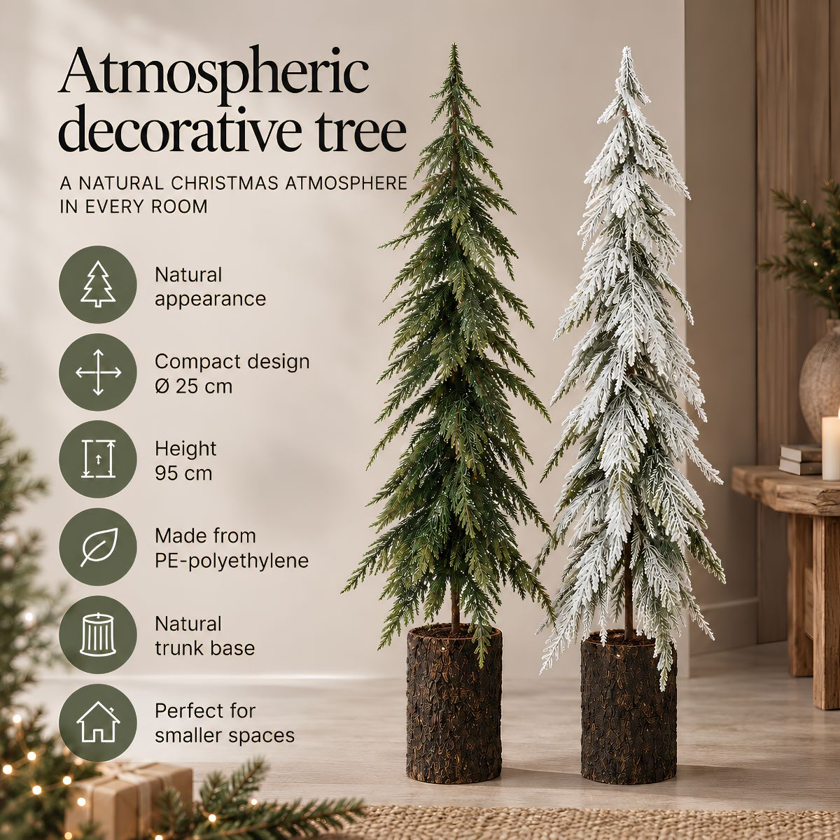 Two artificial Christmas trees in log pots: one green, one snow-dusted, shown with product features.