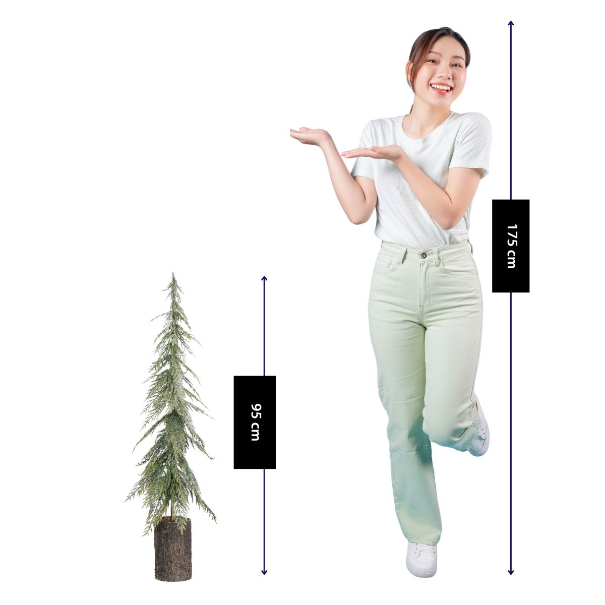 A smiling woman stands next to a 95 cm artificial pine tree, with dimension arrows showing a total height of 175 cm.