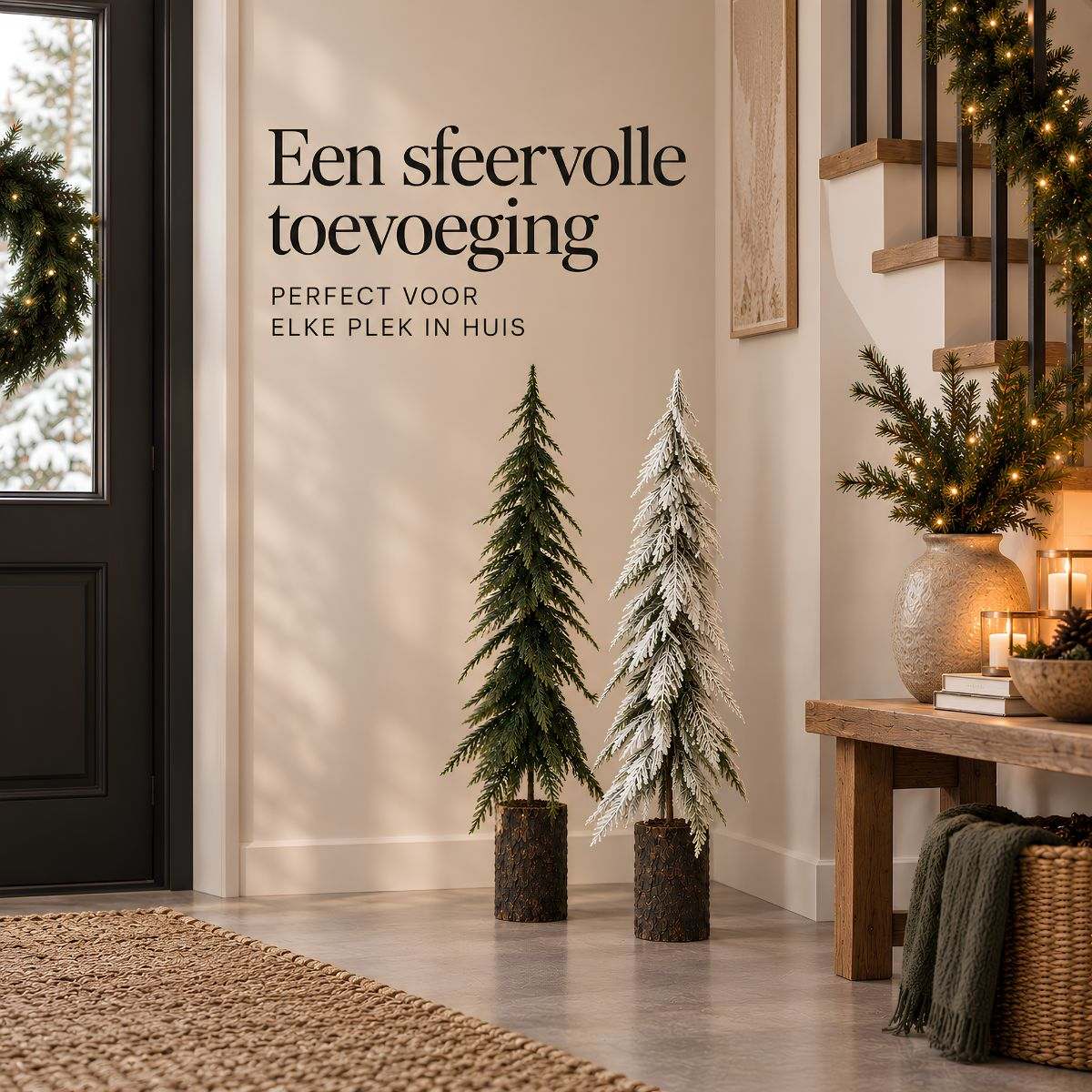 Two small Christmas trees in wooden stands in a cozy decorated hallway with stairs.