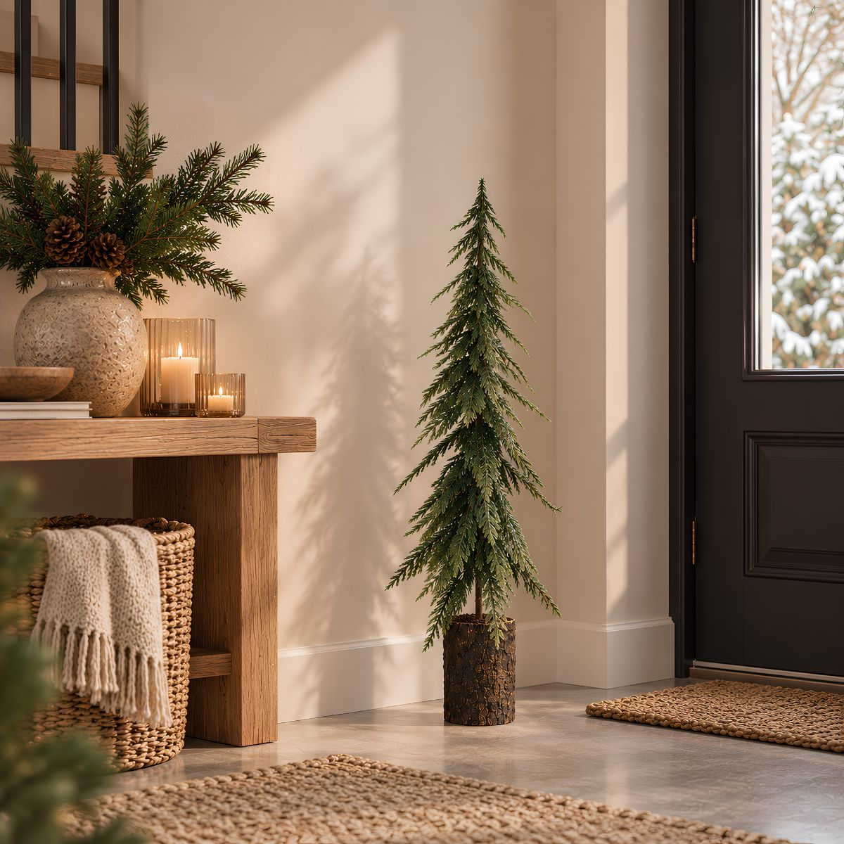 A wooden hallway table holding pine branches, candles, and a small Christmas tree on the floor next to a dark door.