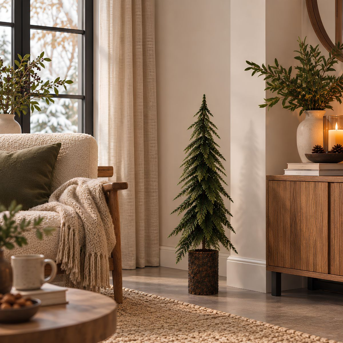 A small artificial Christmas tree in a wooden pot stands in a cozy room with a rug and a window showing snow.
