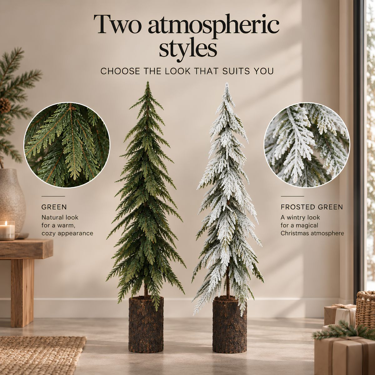Two artificial potted Christmas trees, one green and one frosted, shown with close-up needle details and text.