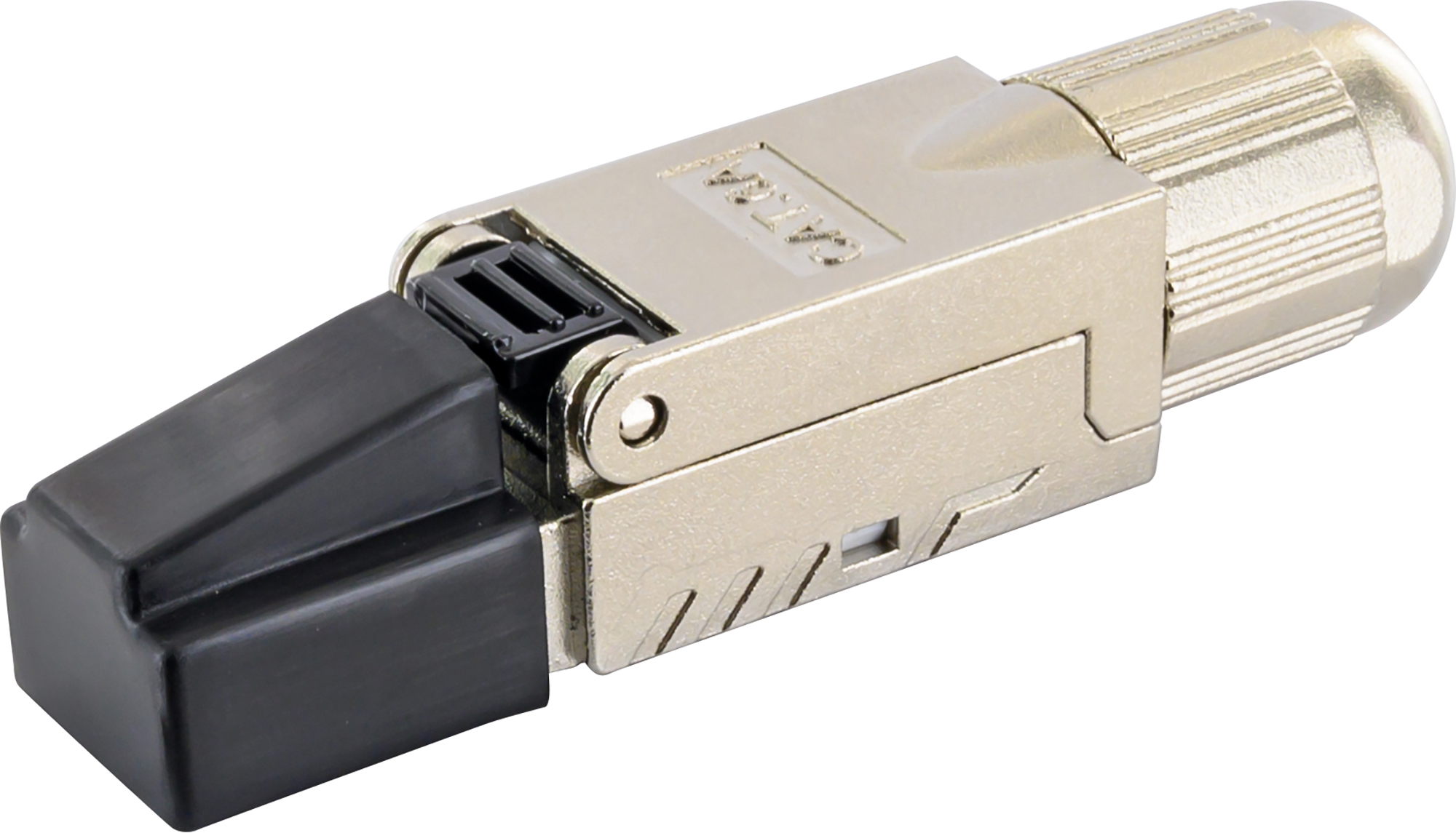 Ein silberner Metall-Netzwerkstecker mit schwarzer Schutzkappe auf weißem Hintergrund.