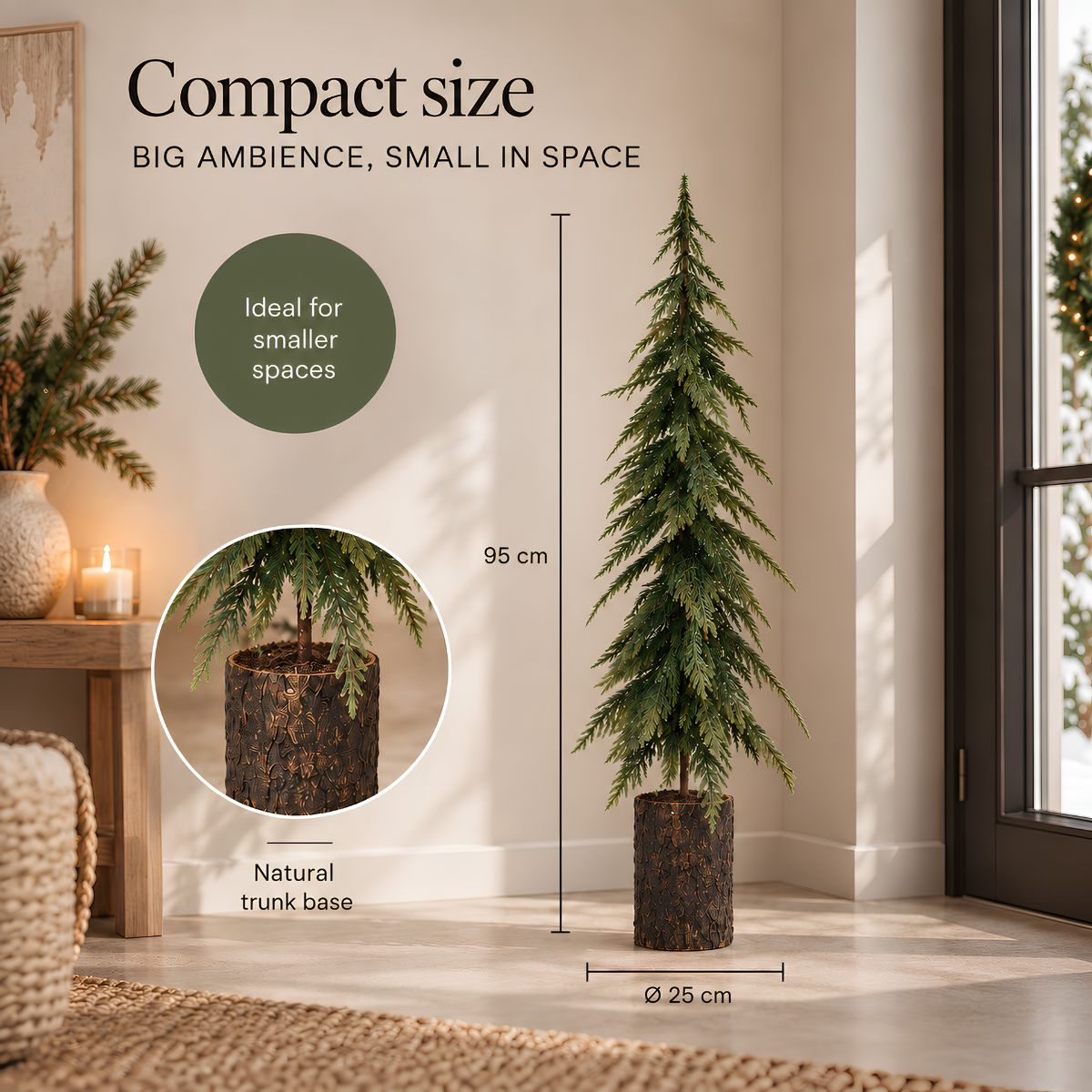 Compact artificial fir tree, 95 cm tall, in a rustic pot inside a bright room.