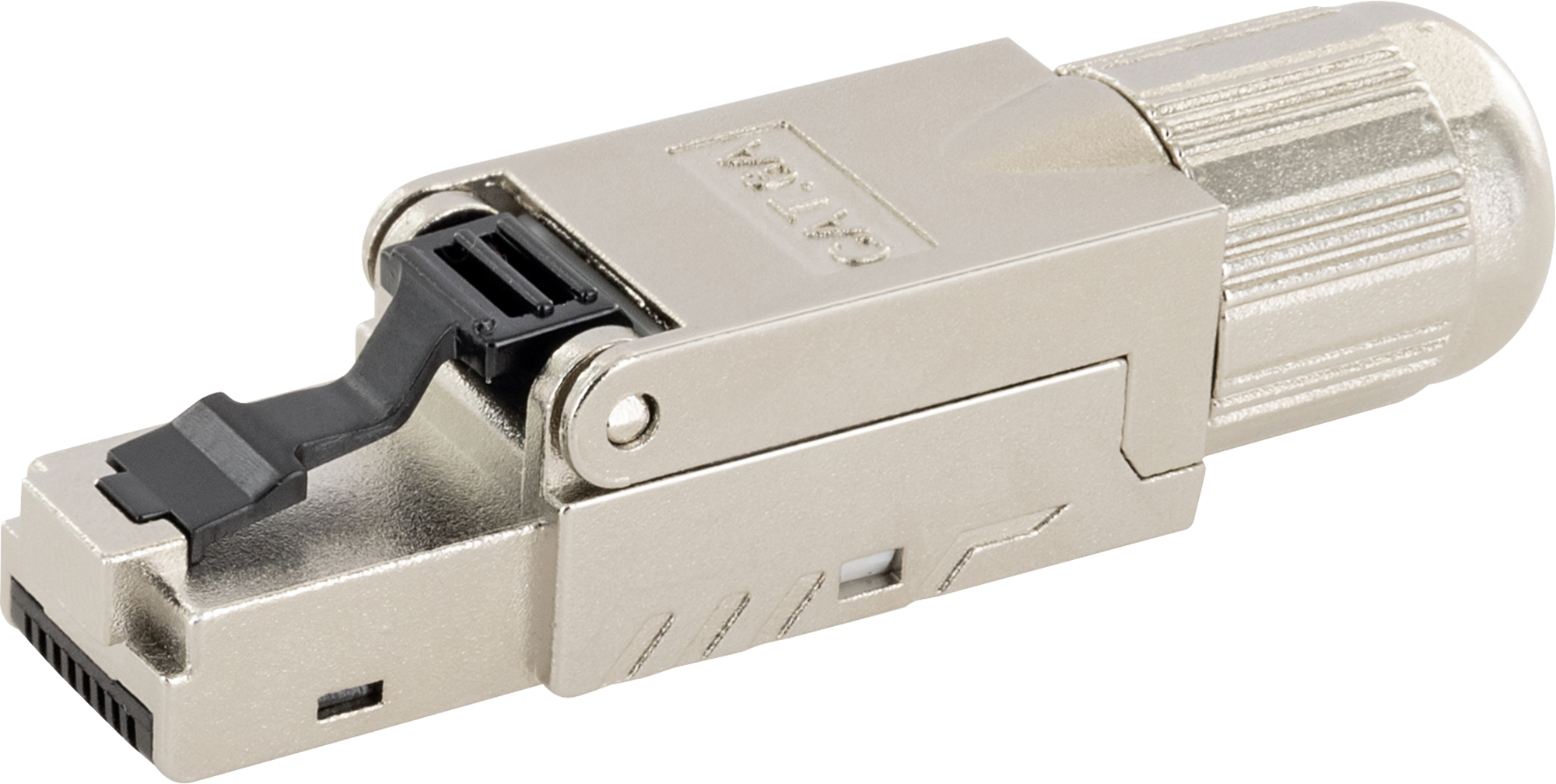 Ein silberner Metall-RJ45-Netzwerkstecker mit schwarzem Clip auf weißem Hintergrund.