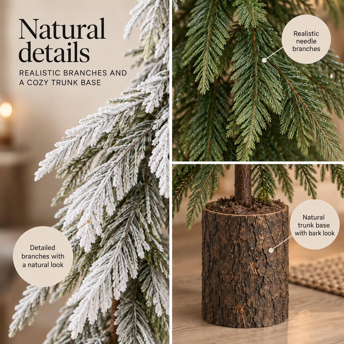 Close-up details of an artificial Christmas tree with snowy branches and a bark base.