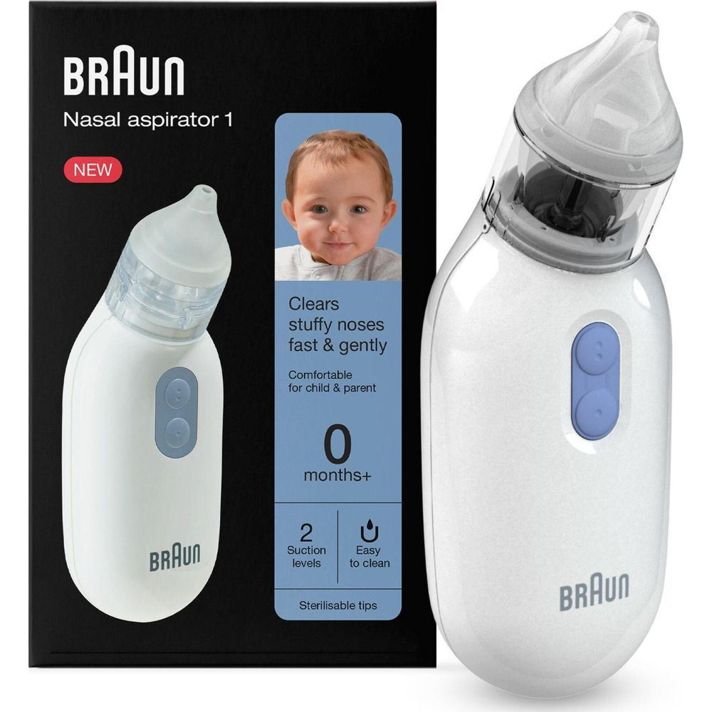 Aspiratore nasale Braun 1 bianco accanto alla confezione nera e blu.