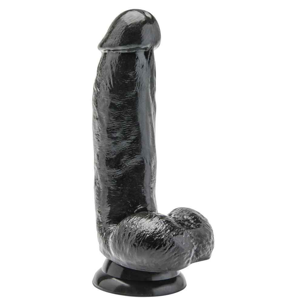 Ein realistischer schwarzer Dildo mit einer strukturierten Oberfläche und einem Saugnapffuß auf weißem Hintergrund.