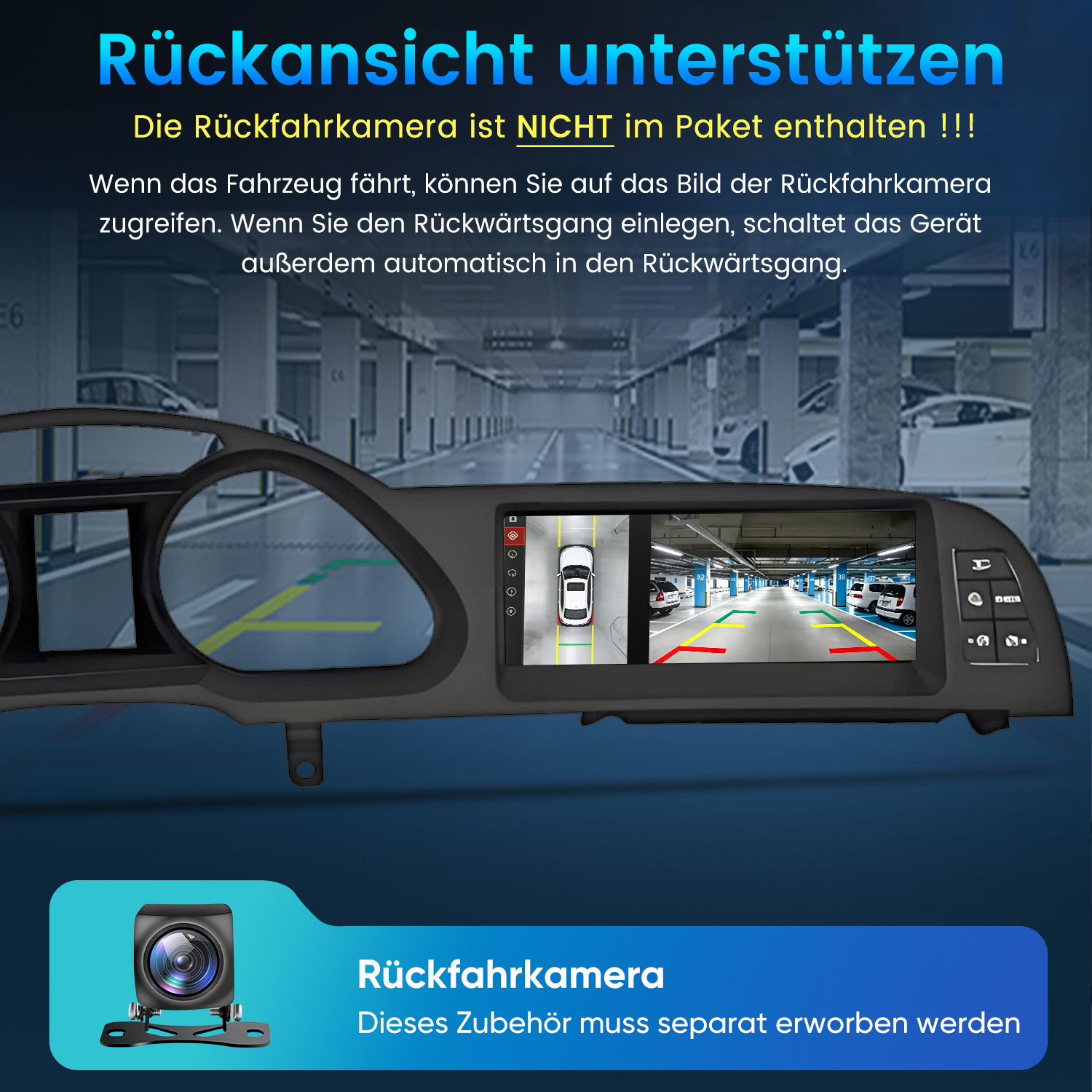 Ein Autoradio-Display zeigt die Ansicht einer Rückfahrkamera in einer Tiefgarage.
