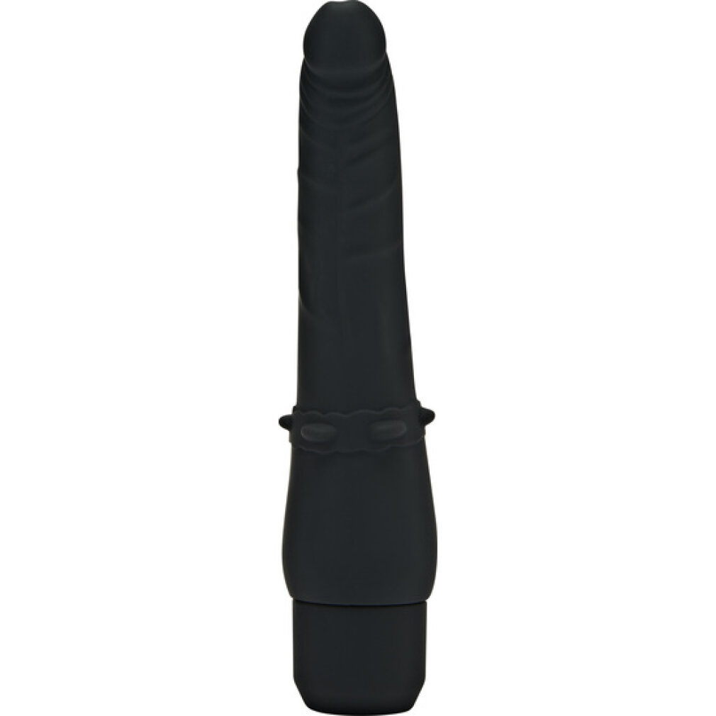 Ein schwarzes Dildo-Sexspielzeug mit strukturierter Oberfläche und Ringdetail vor neutralem Hintergrund.