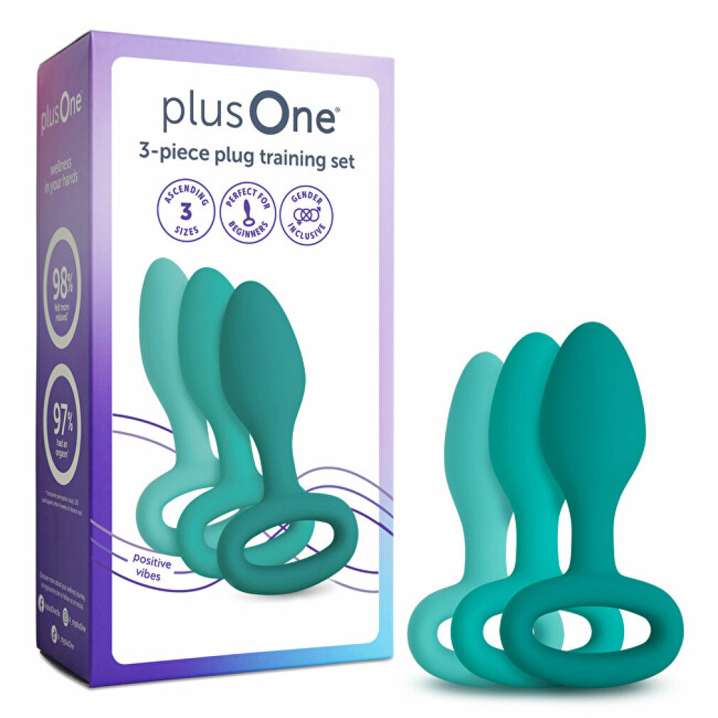 PlusOne 3-teiliges türkisfarbenes Silikon-Plug-Trainingsset in Verpackung.