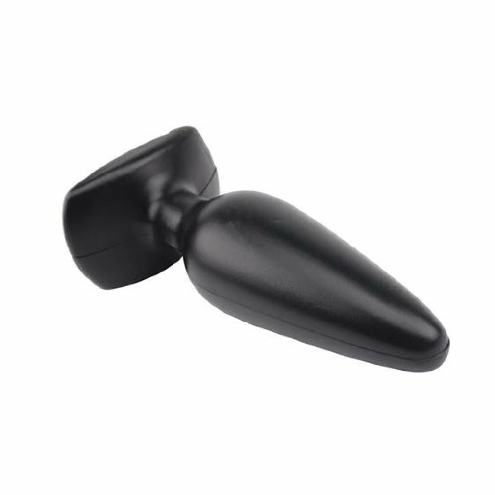 Ein glänzender, schwarzer Plastik-Plug auf weißem Hintergrund.