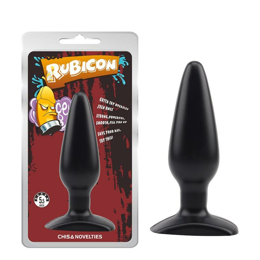 Ein schwarzer Analplug mit glatter Oberfläche neben seiner bunten Verpackung mit der Aufschrift Rubicon.