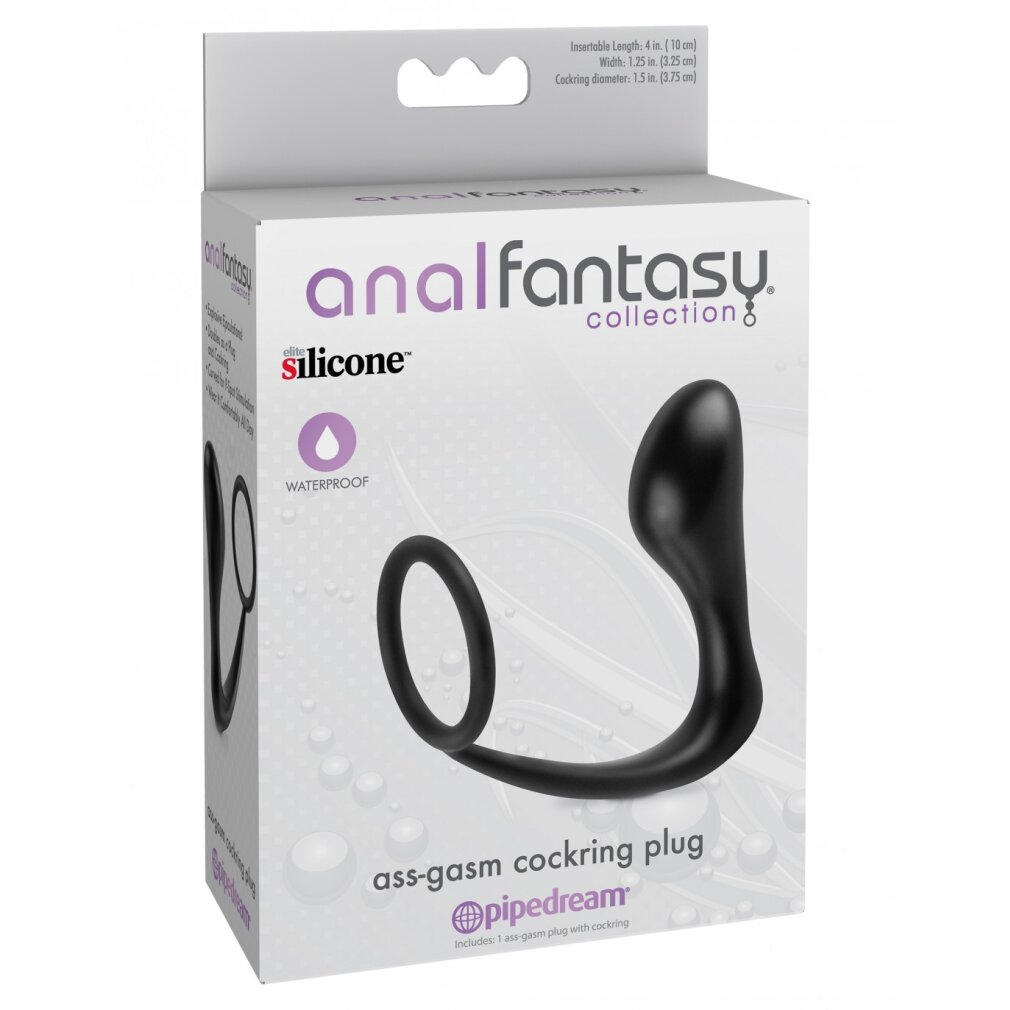 Weisse Produktbox eines Anal Fantasy Elite Silicone Cockring-Plugs mit Abbildung eines schwarzen Silikonspielzeugs.