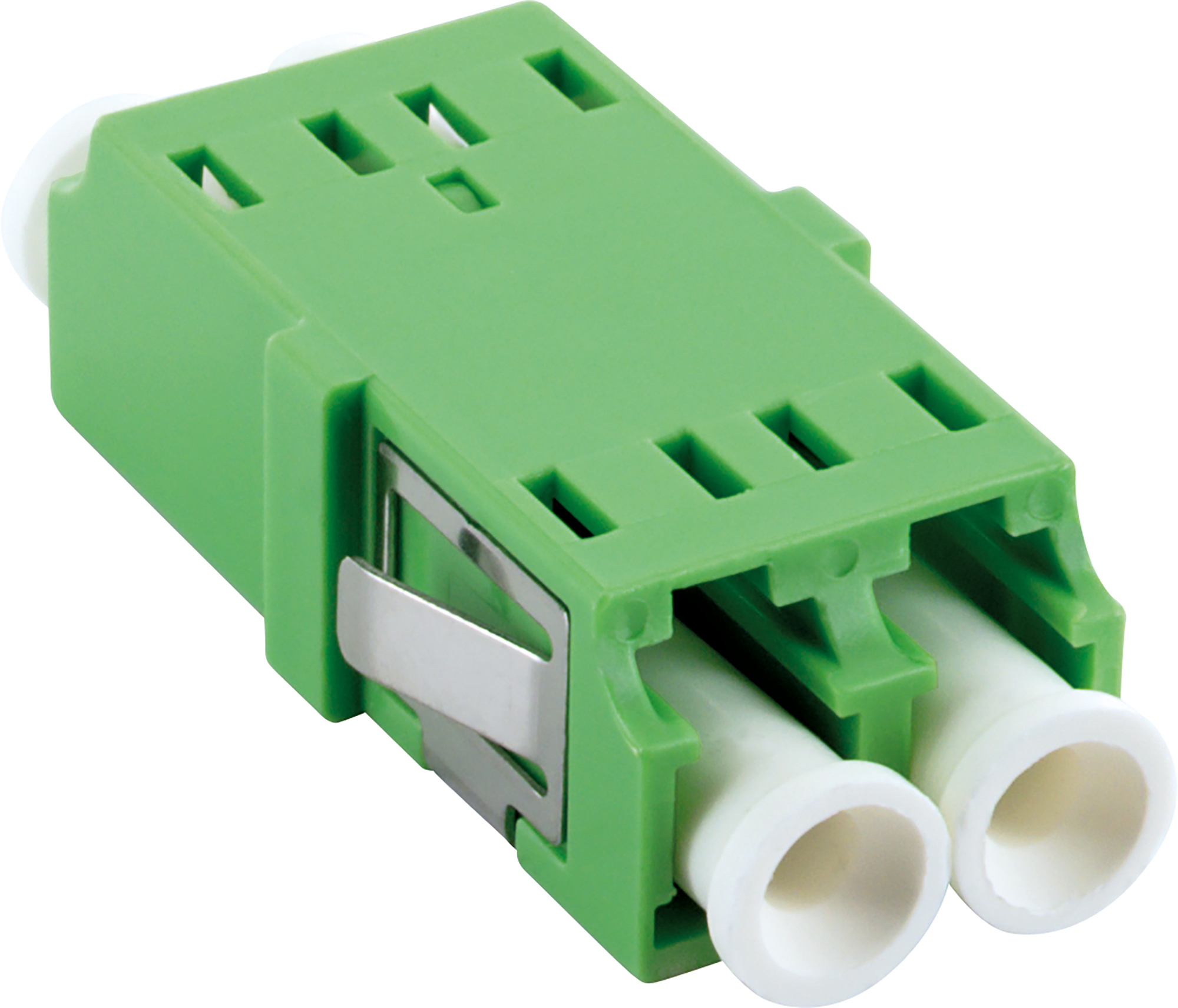 Grüner optischer LWL-Kupplungsadapter mit zwei weißen Anschlüssen und einer Metallklammer.