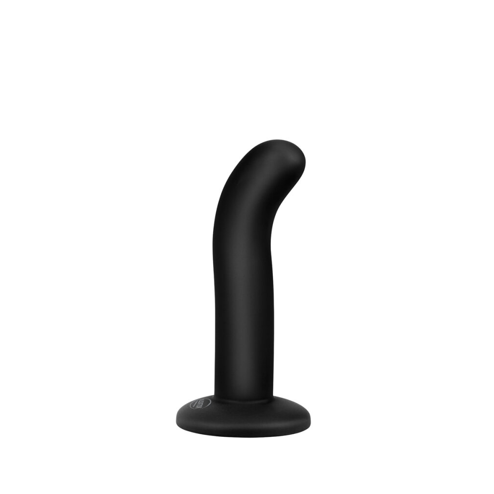 Ein glattes, schwarzes Wellness-Accessoire mit geschwungener Form und flachem Sockel auf weißem Hintergrund.