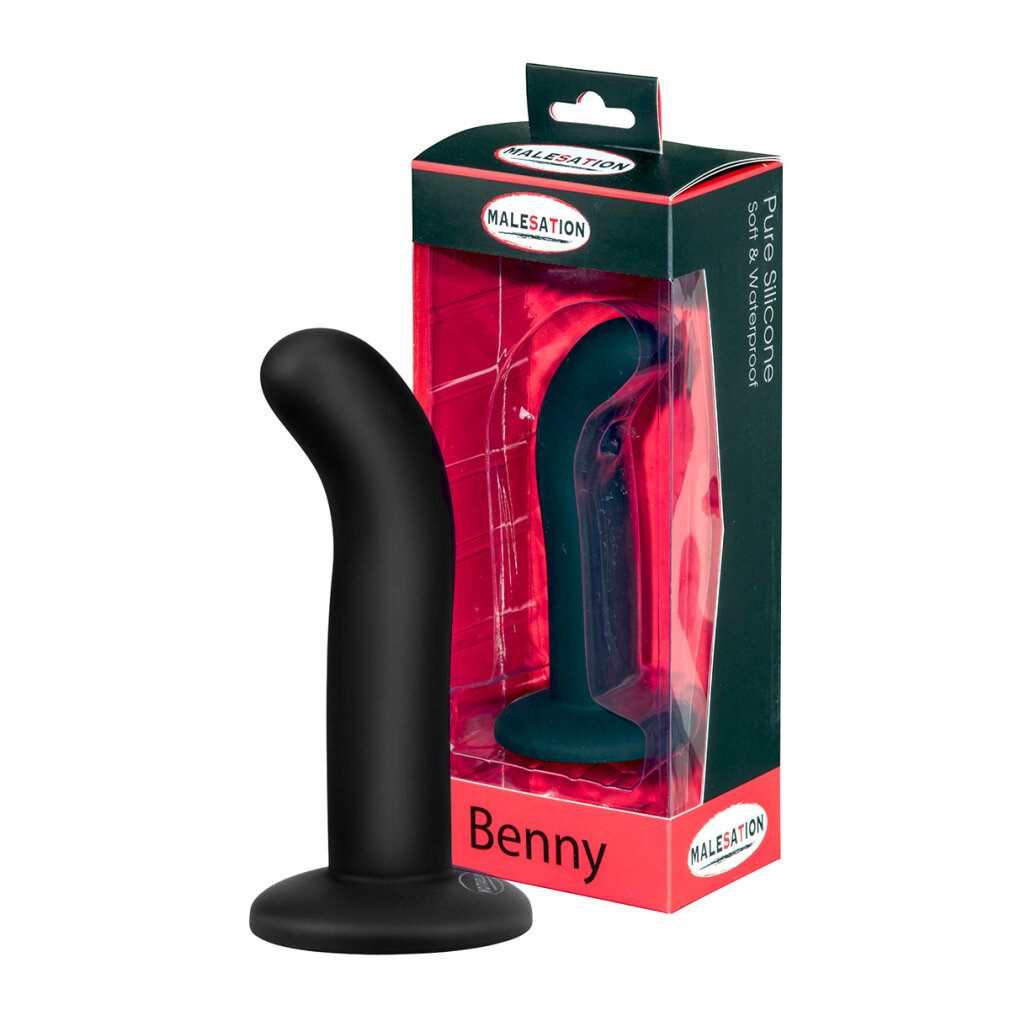 Ein schwarzer Silikon-Anaplug namens Benny steht vor seiner rot-schwarzen Verpackung.