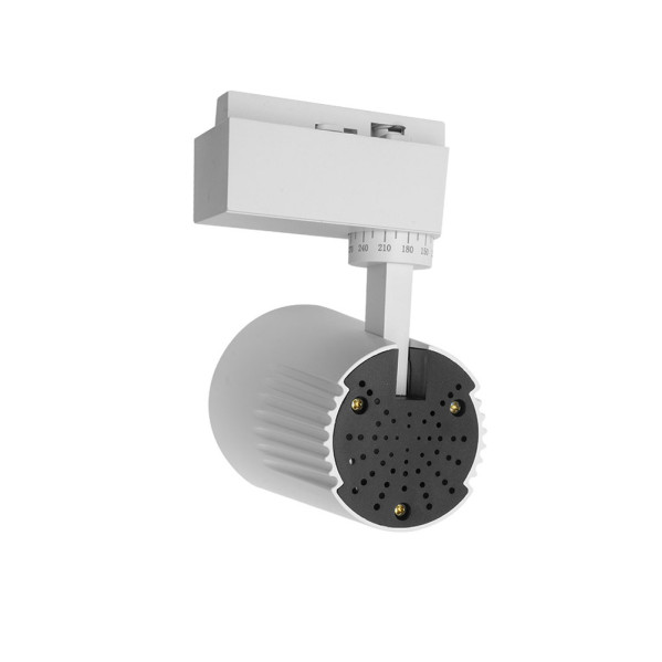Un foco LED blanco con cabezal cilíndrico montado en un riel sobre fondo gris.
