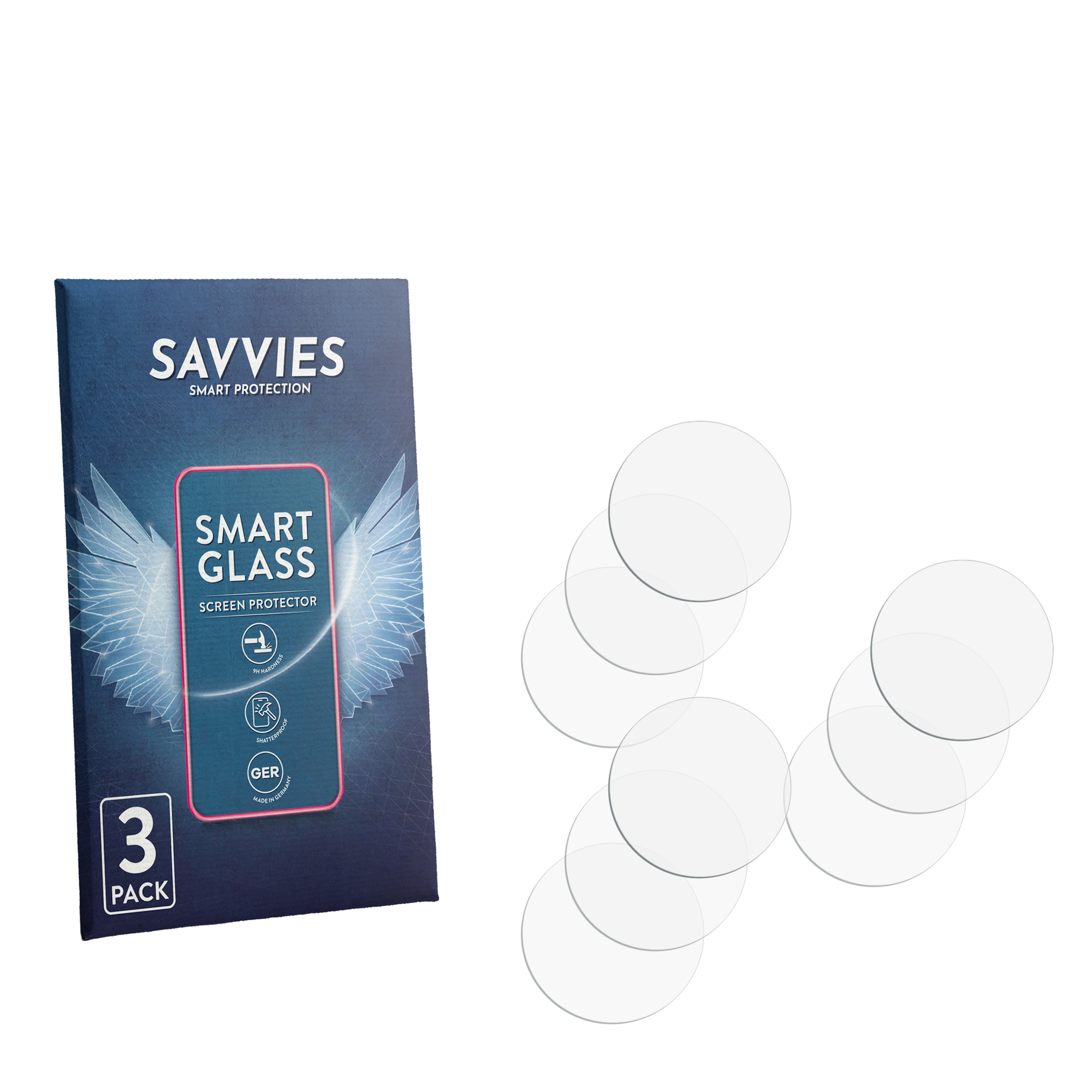 Savvies Smart Glass Displayschutzverpackung mit 3er-Pack und mehreren runden, klaren Folienscheiben.