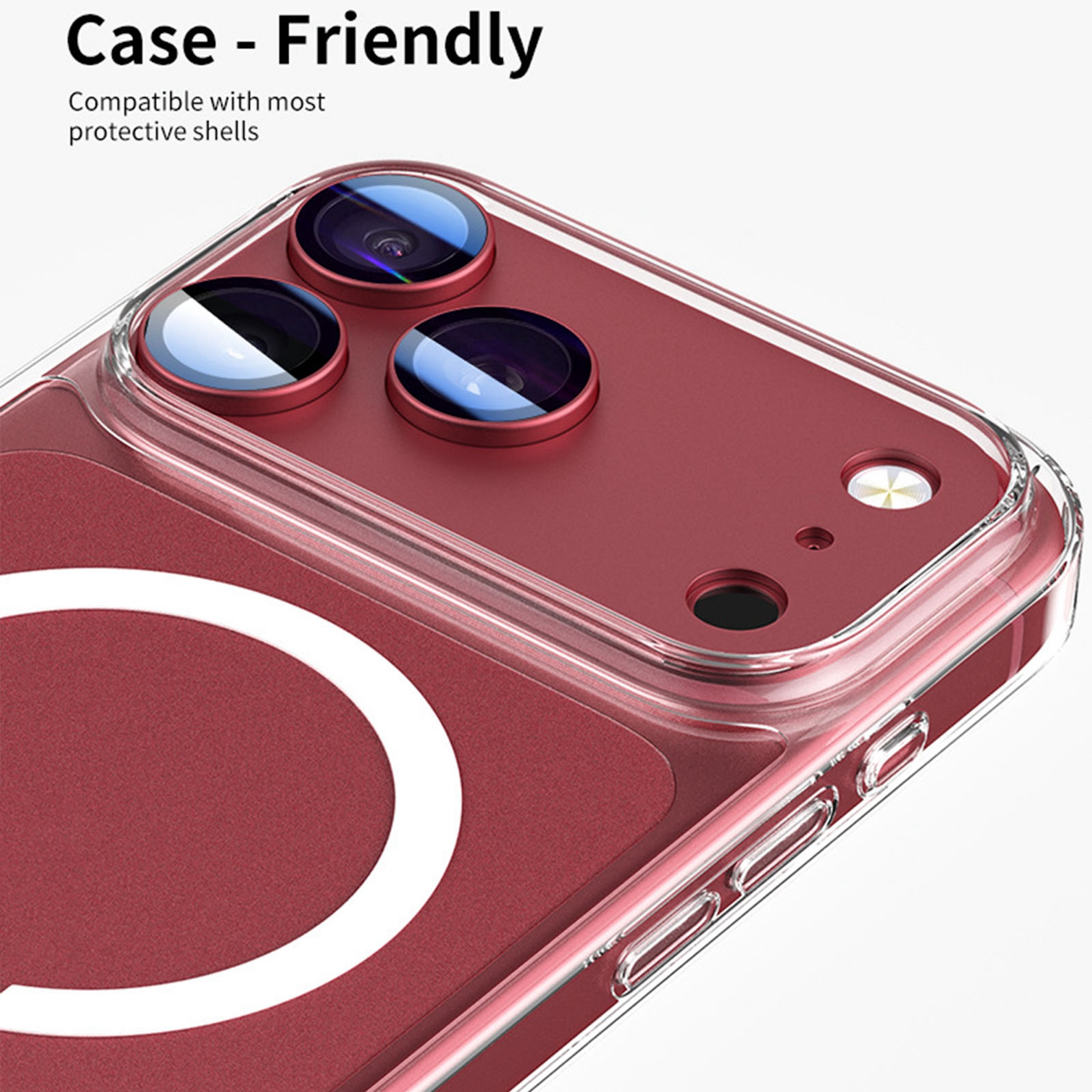 Rotes Smartphone mit transparenter Schutzhülle, drei Kameralinsen und einem weißen Ring auf der Rückseite.