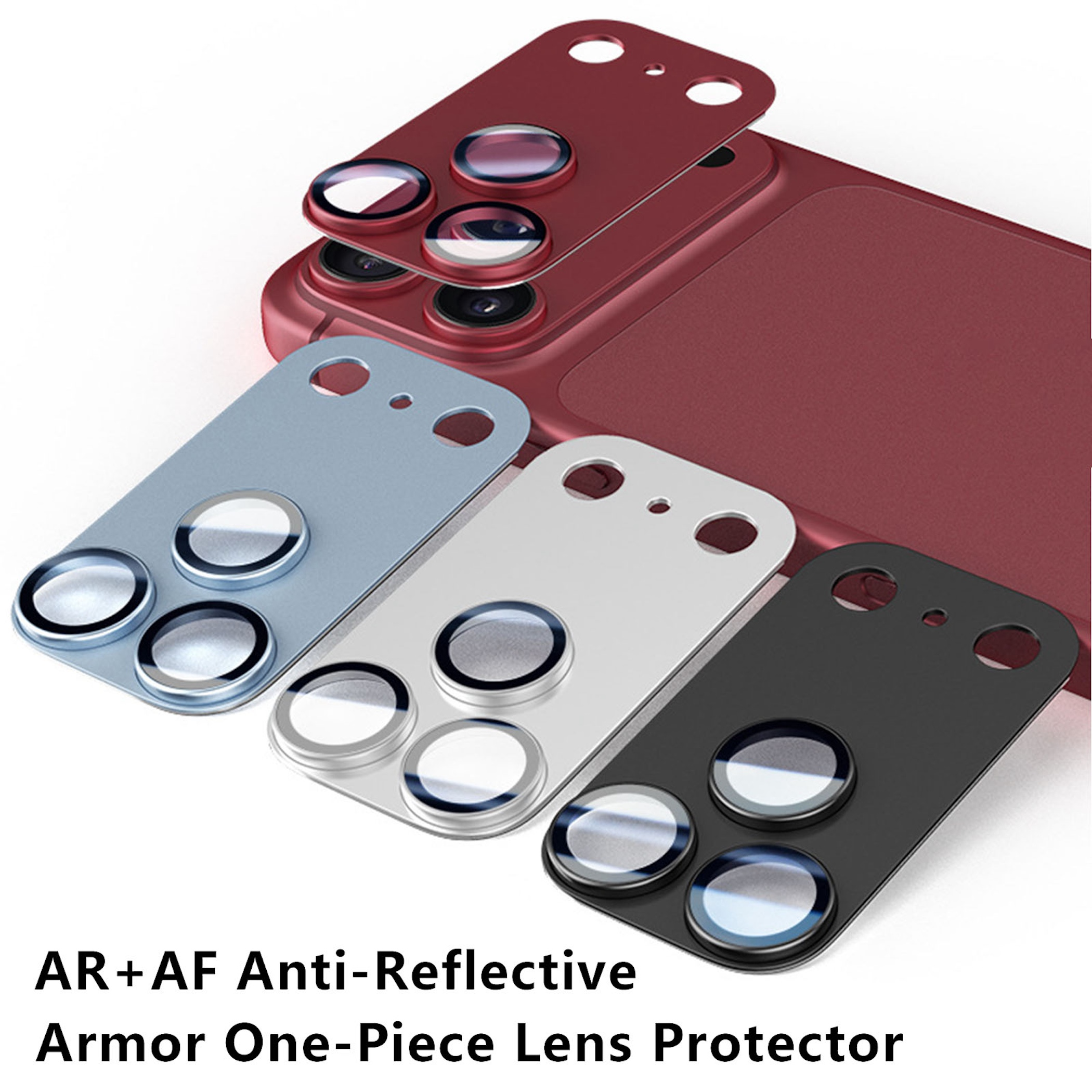 Rotes Handy mit AR+AF Anti-Reflex-Objektivschutz in Rot, Blau, Silber und Schwarz.
