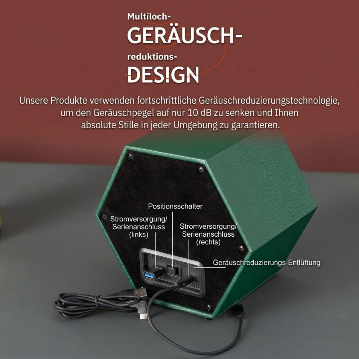 Grünes, hexagonales Gerät mit Anschlüssen und deutscher Beschriftung auf grauem Tisch.