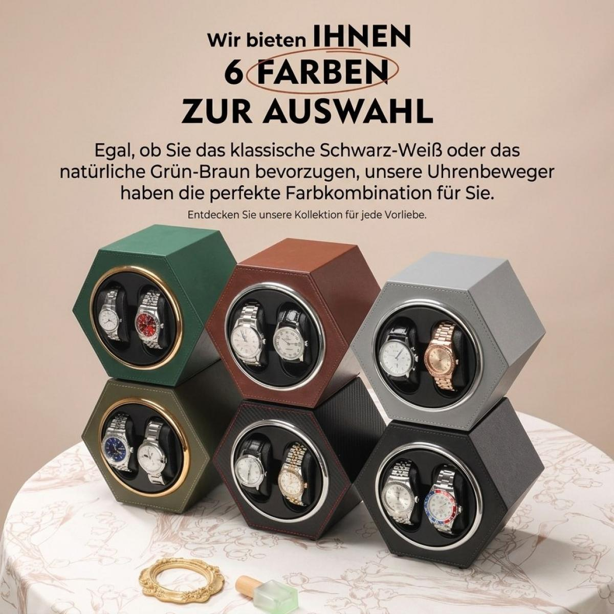 Sechs sechseckige Uhrenbeweger in verschiedenen Farben präsentieren edle Armbanduhren auf einem runden Tisch.
