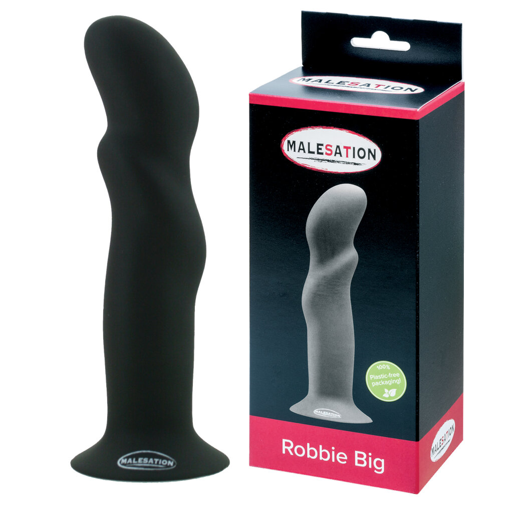 Ein schwarzes, geschwungenes Sexspielzeug neben seiner schwarz-pinken Malesation Robbie Big Verpackung.