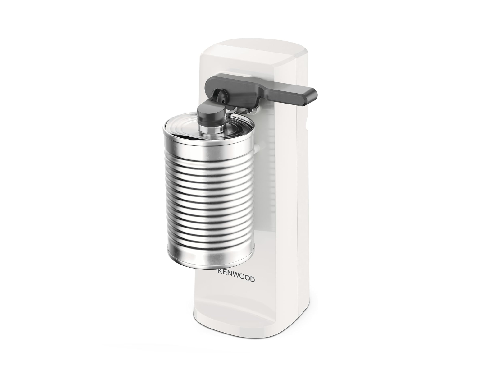 Ein weißer elektrischer Dosenöffner von Kenwood öffnet eine silberne Metalldose.