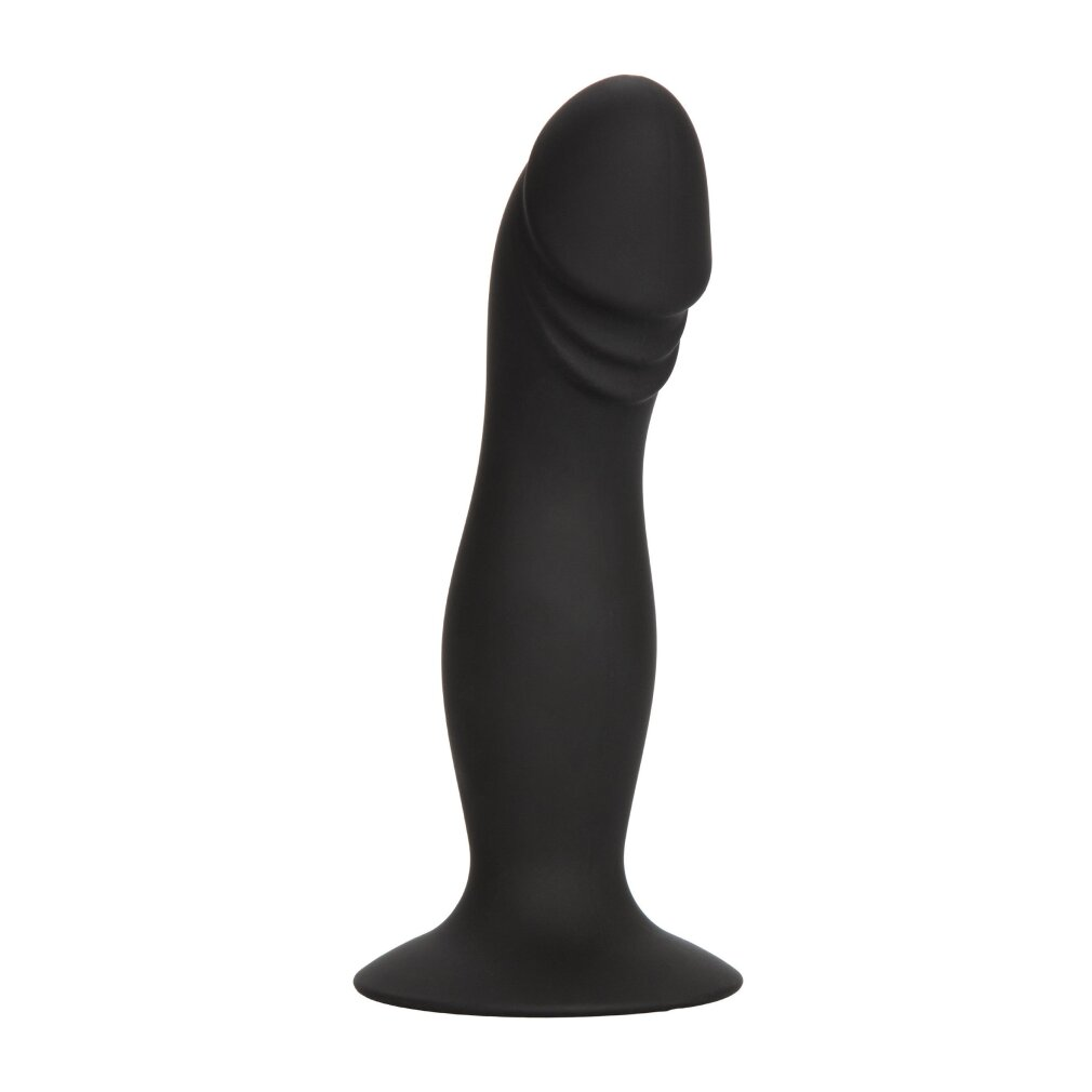 Ein schwarzes, phallisches Wellness-Accessoire mit abgerundeter Spitze und Saugfuß vor weißem Hintergrund.