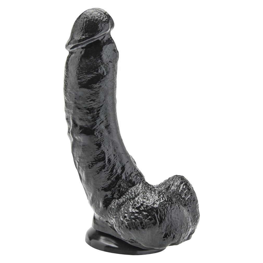 Ein schwarzer, texturierter Dildo mit realistischen Details und Saugnapffuß steht auf weißem Hintergrund.