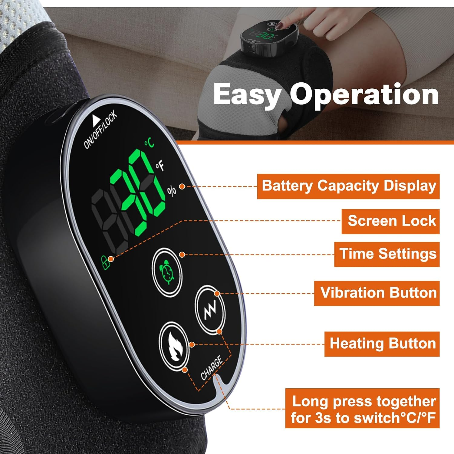 Ein beheiztes Knieband mit digitalem Display, das Einstellungen für Zeit, Vibration und Temperatur anzeigt.