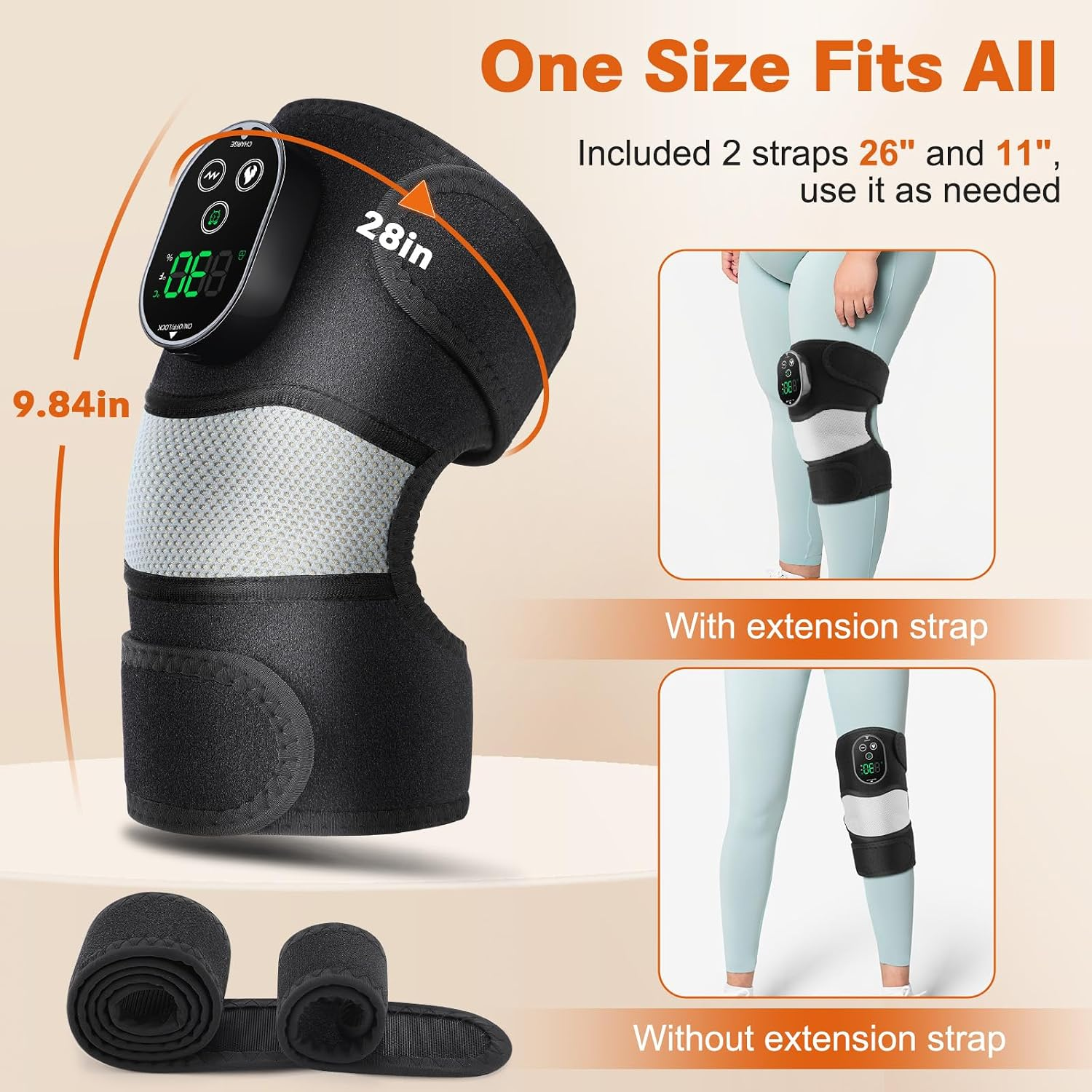 Heizkniebandage mit digitalem Display, verstellbaren Riemen und Maßen sowie Tragebeispielen.