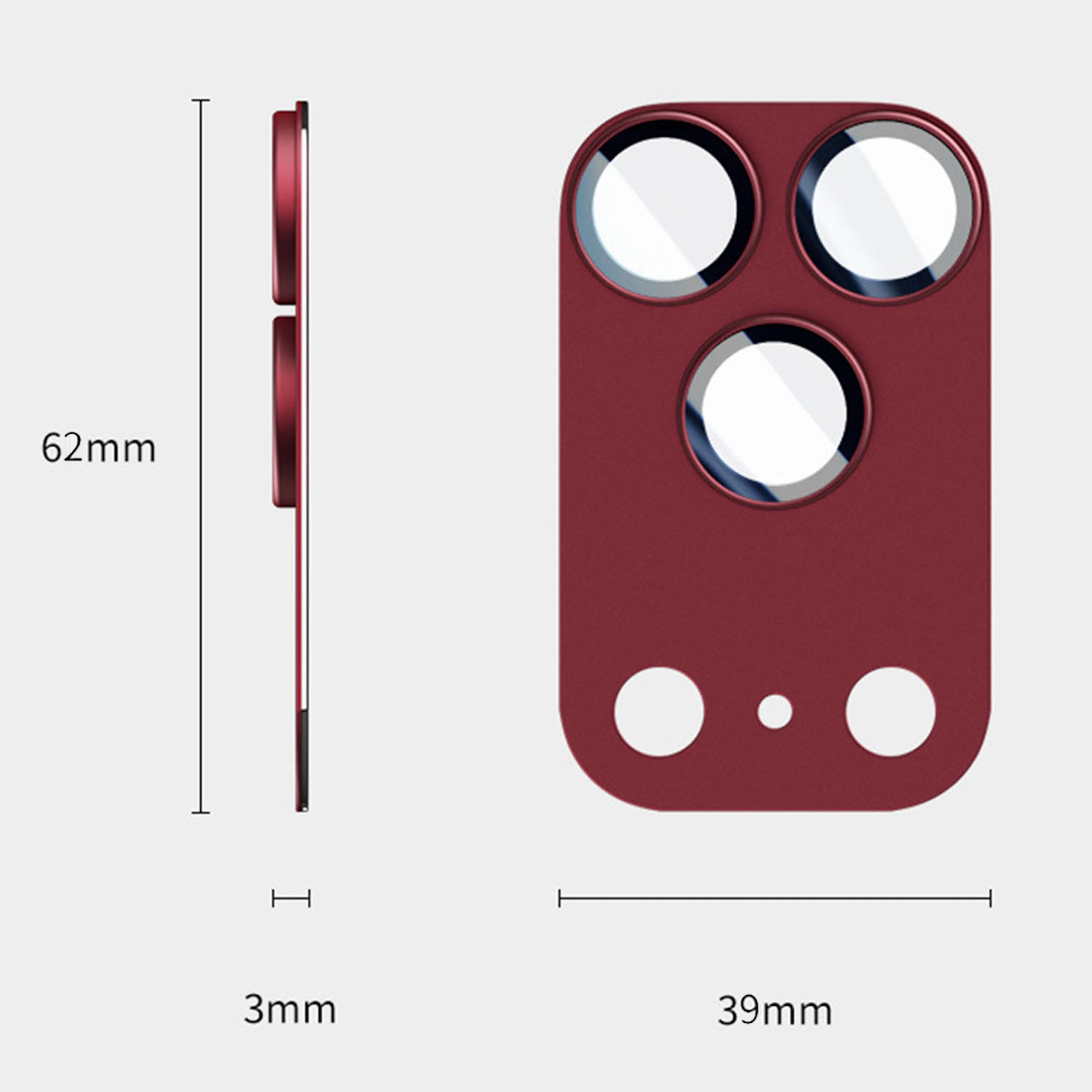 Roter Kamera-Objektivschutz mit Maßen von 62mm Höhe, 39mm Breite und 3mm Dicke auf hellem Hintergrund.
