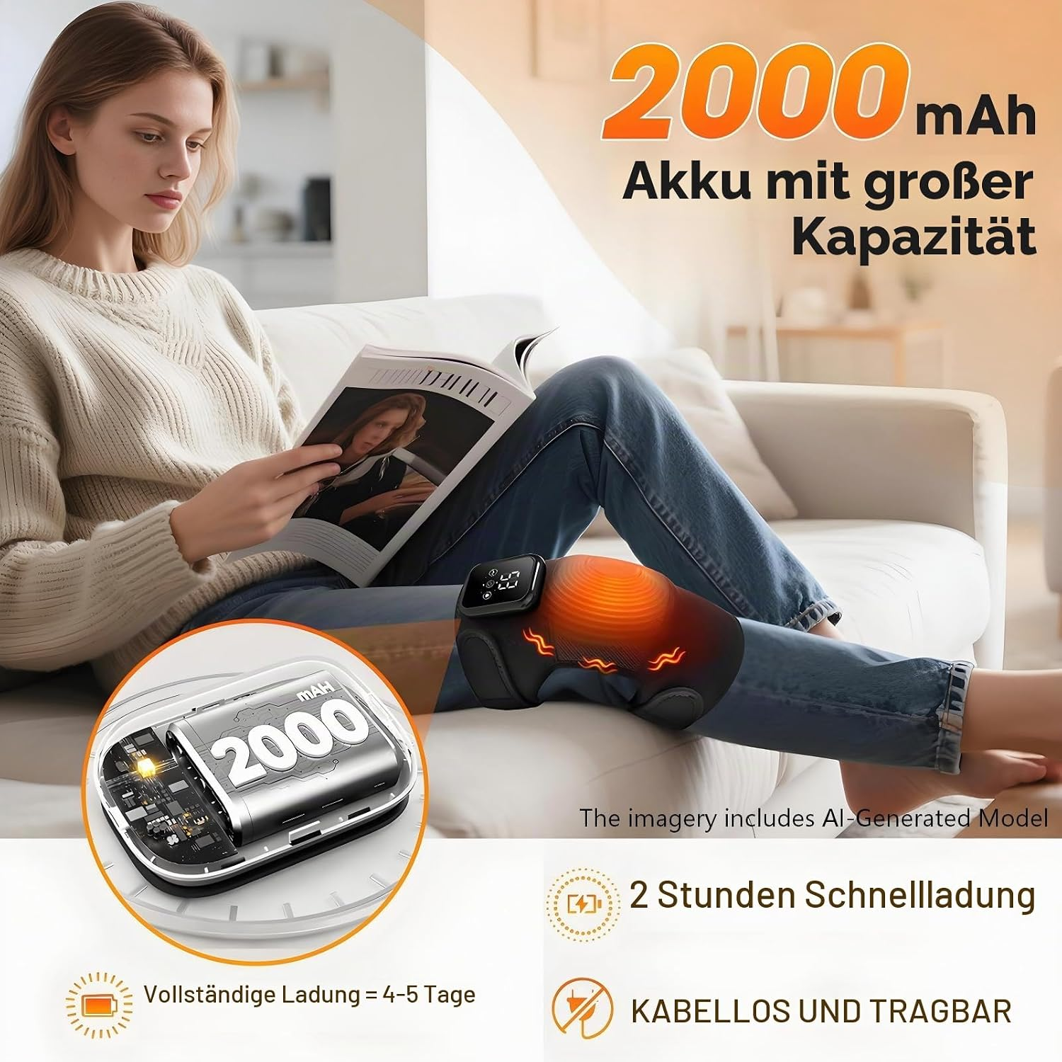 Eine Frau sitzt auf einem Sofa und liest, während ein Knieheizkissen angelegt ist.