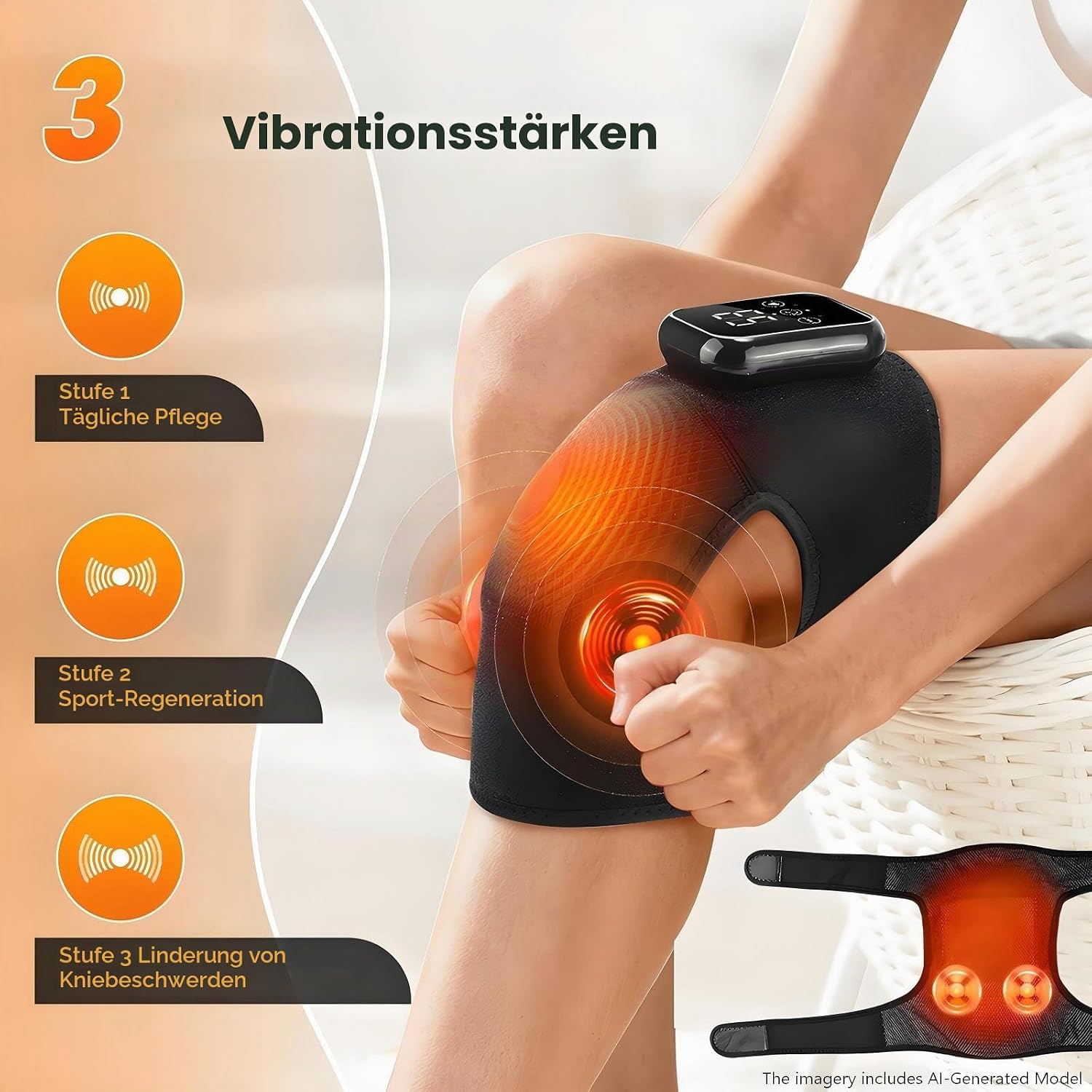 Person trägt eine schwarze Kniebandage mit integrierter Wärmebehandlung und digitalem Display.