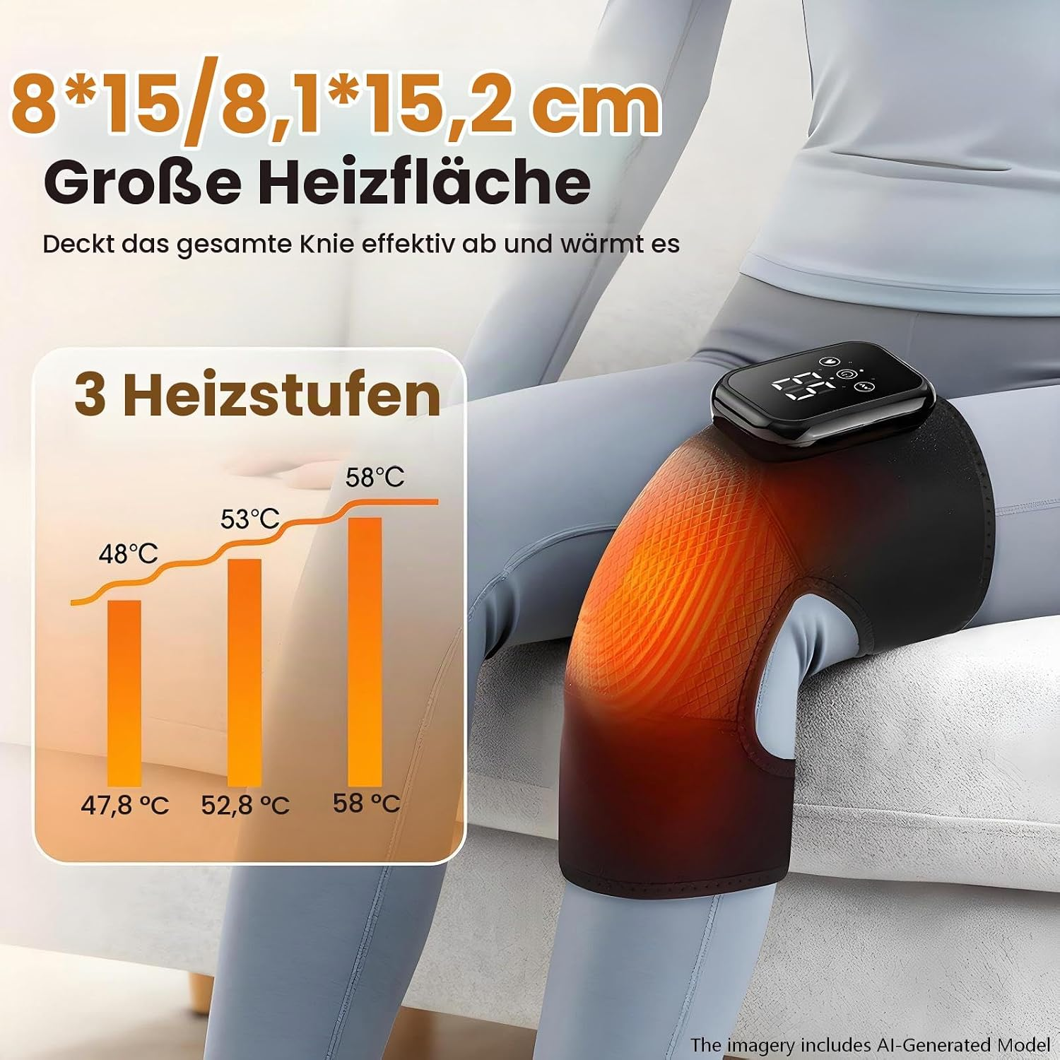 Ein Kniewärmer mit drei Heizstufen und digitaler Anzeige sitzt auf einem Knie.