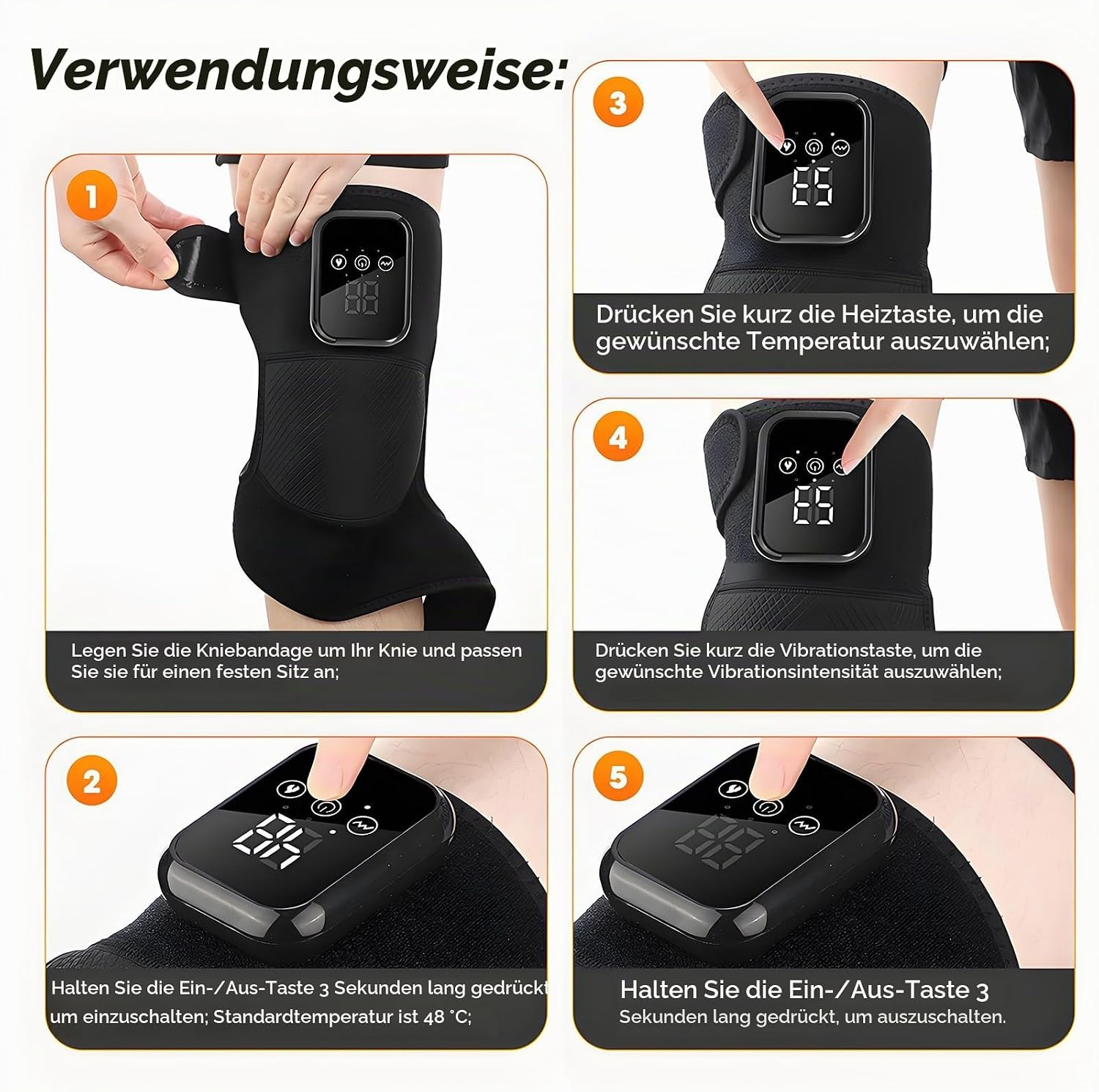Anleitungsschritte in fünf Bildern zeigen das Anlegen und Bedienen einer beheizbaren Kniebandage.