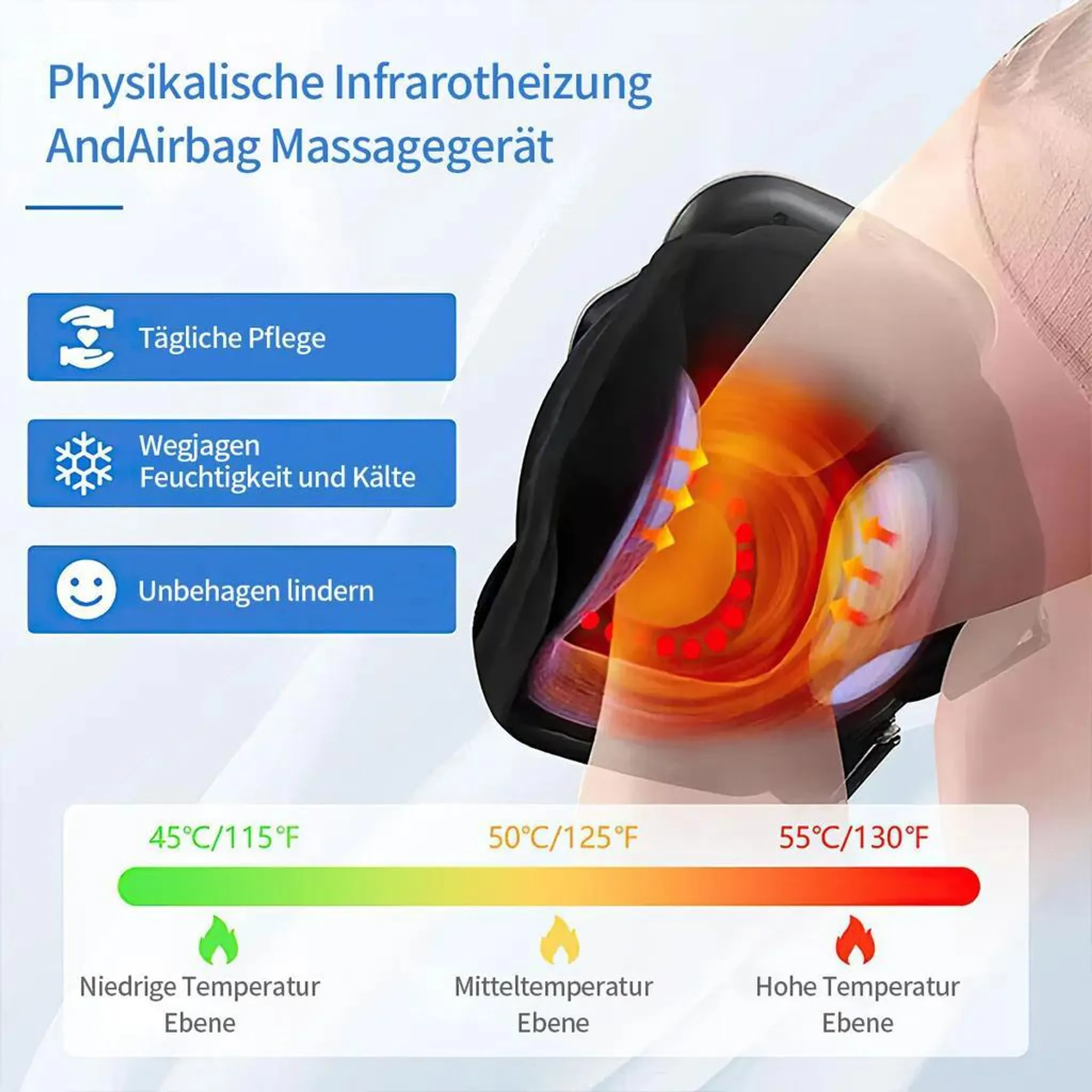 Infrarot-Luftkammermassagegerät mit Wärmeeinstellungen von 45°C bis 55°C für Schmerzlinderung.