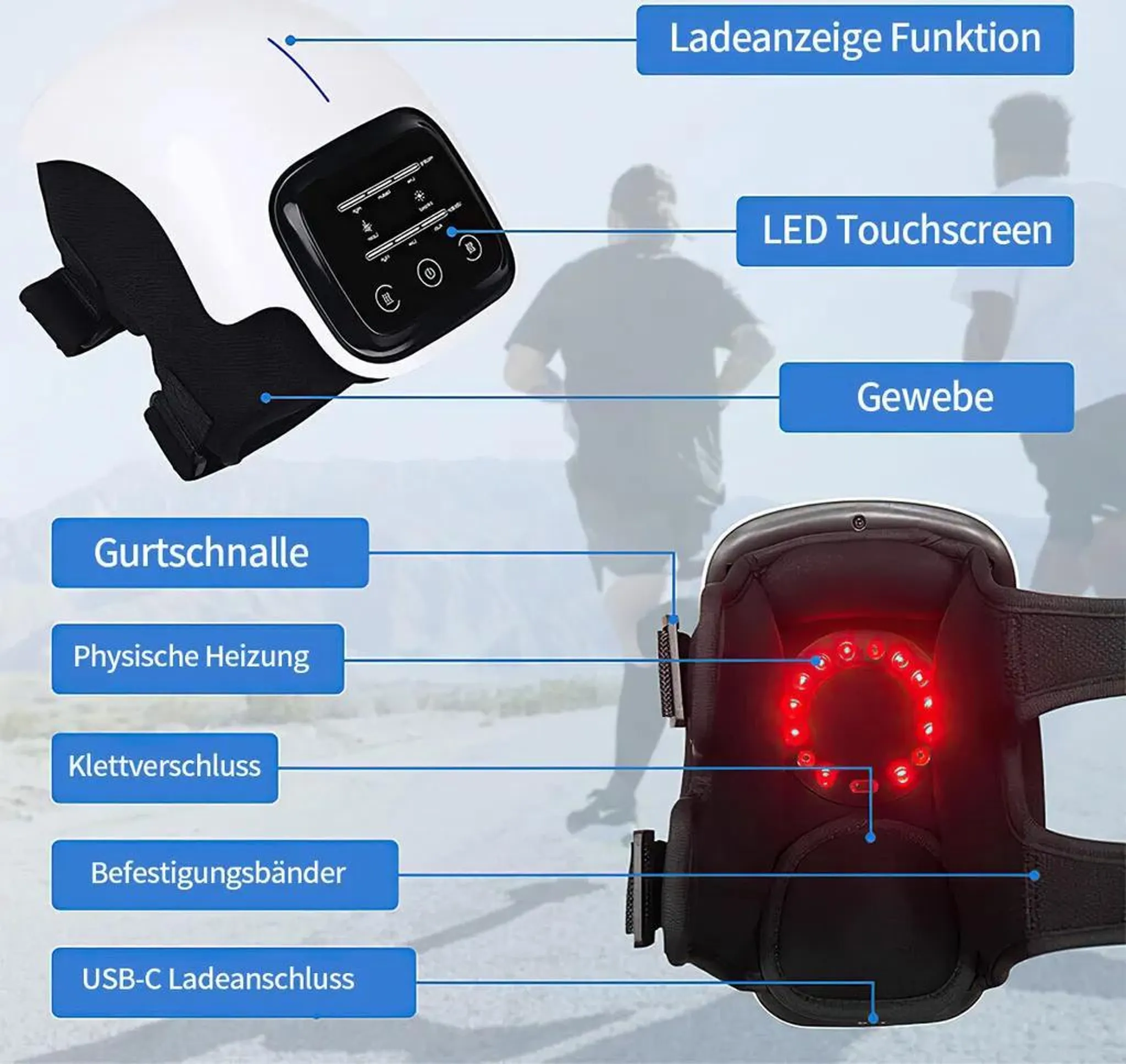 Ein weißer Knie-Massager mit LED-Touchscreen, Gurten und Rotlichttherapie, beschriftet mit deutschen Produktmerkmalen.